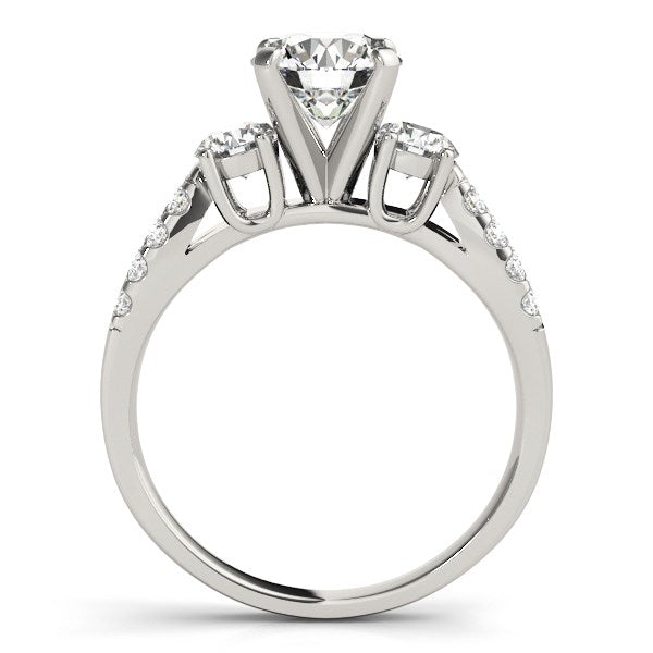 14k white gold split shank three-stone round diamond engagement ring.