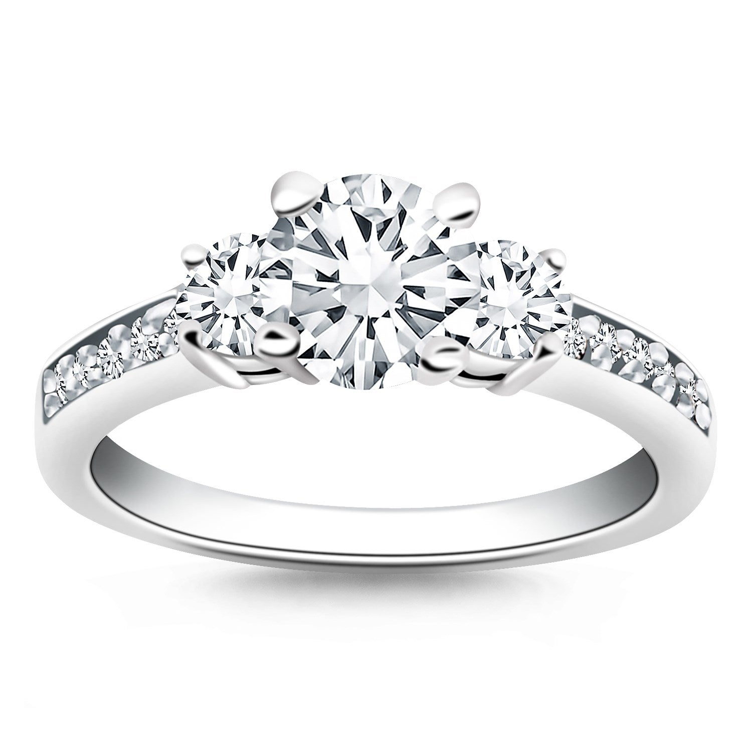 14k white gold three-stone engagement ring with a diamond-accented band.
