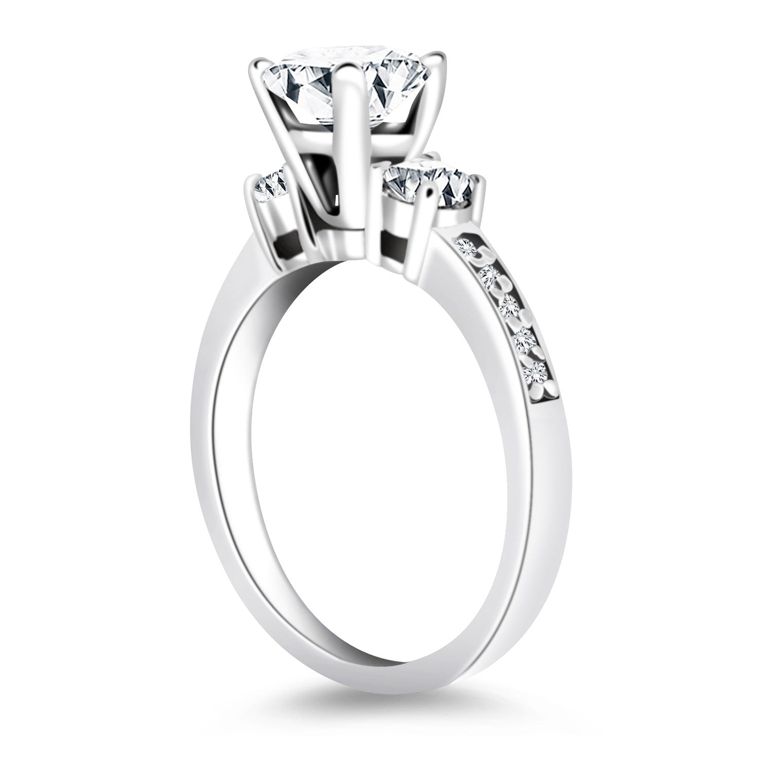 14k white gold three-stone engagement ring with a diamond-accented band.