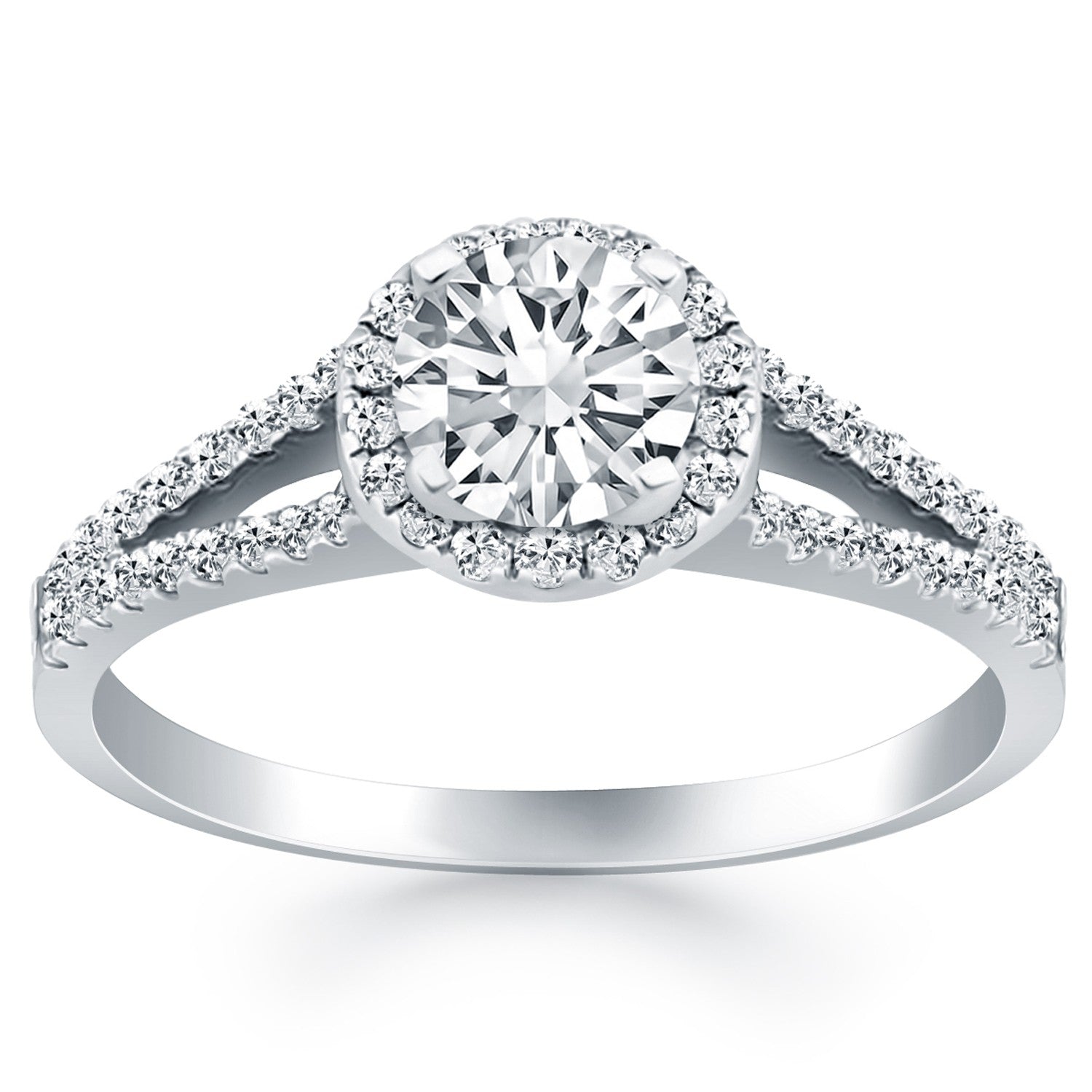 14k white gold diamond halo split shank engagement ring with a round center diamond.