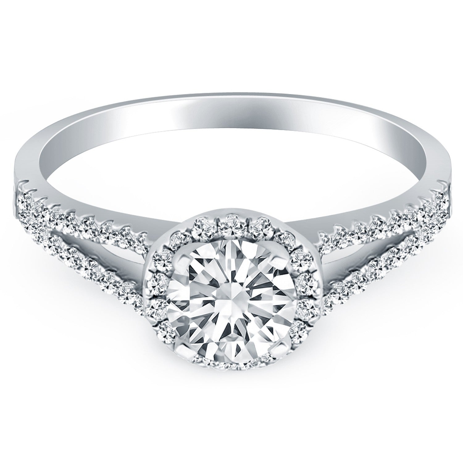 14k white gold diamond halo split shank engagement ring.