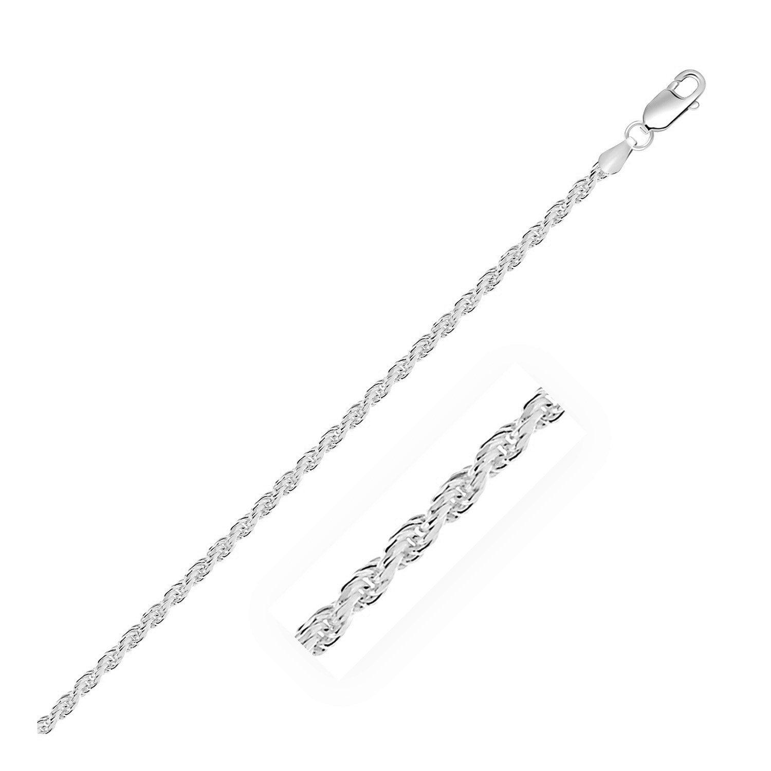 Sterling silver diamond cut rope chain with a lobster clasp.