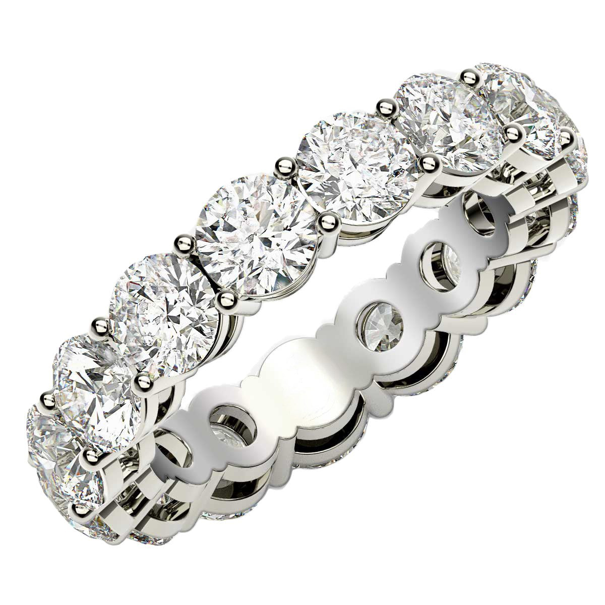 A 14k white gold eternity ring with round lab-grown diamonds in a common prong setting.