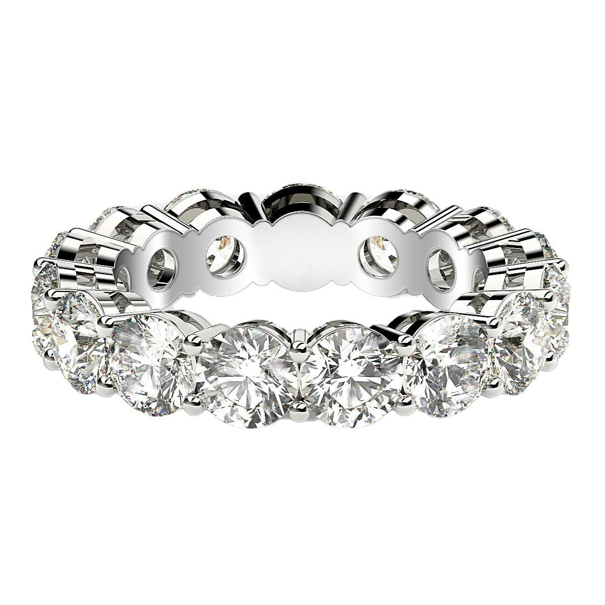 A round cut lab grown diamond eternity ring in 14k white gold.