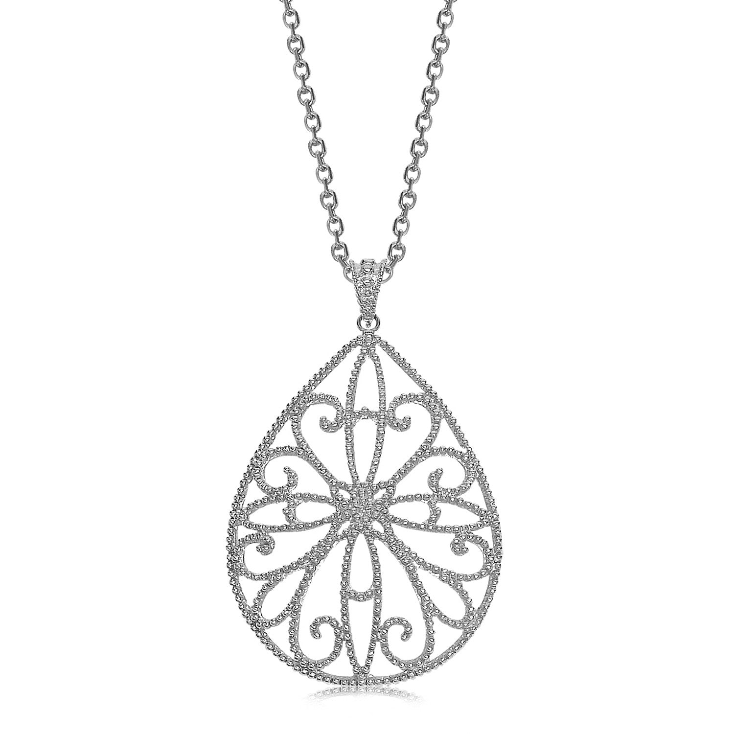 Sterling silver rhodium plated teardrop filigree pendant on a chain.