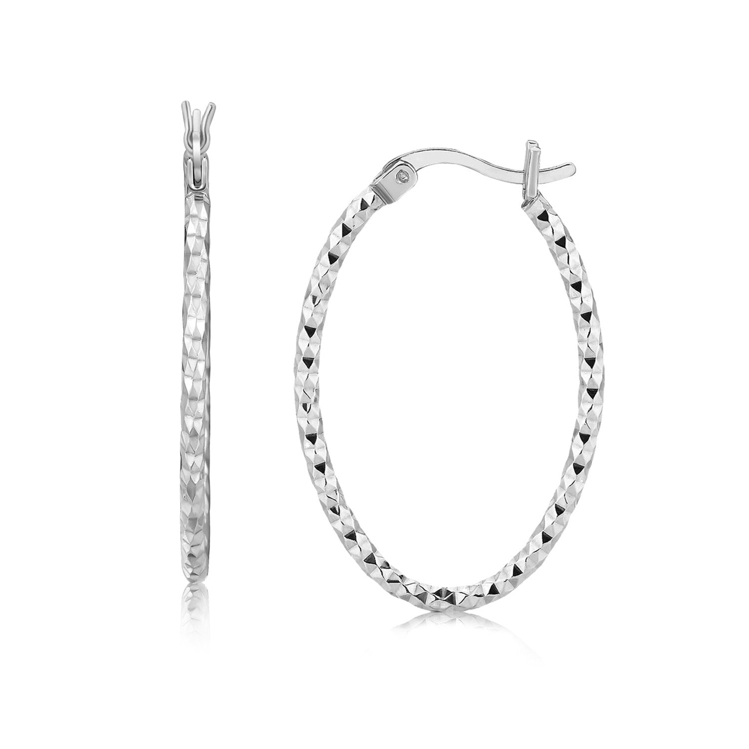Sterling silver rhodium-plated textured diamond-cut hoop earrings with snap locks.