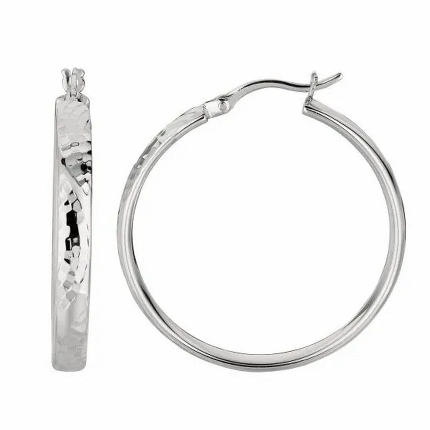 Sterling silver hammered hoop earrings with rhodium plating and snap locks.