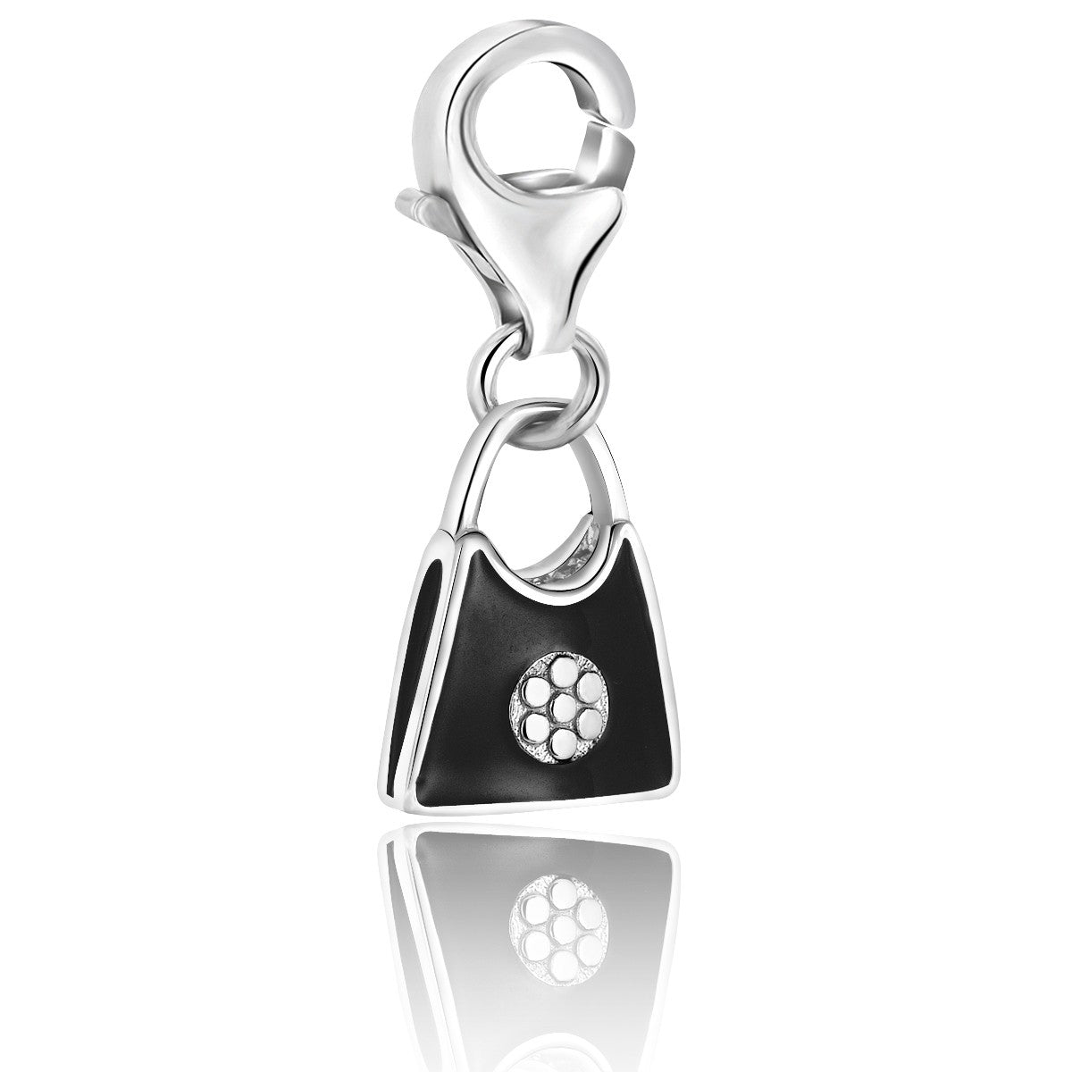 Sterling silver handbag charm with black enamel and a floral design.