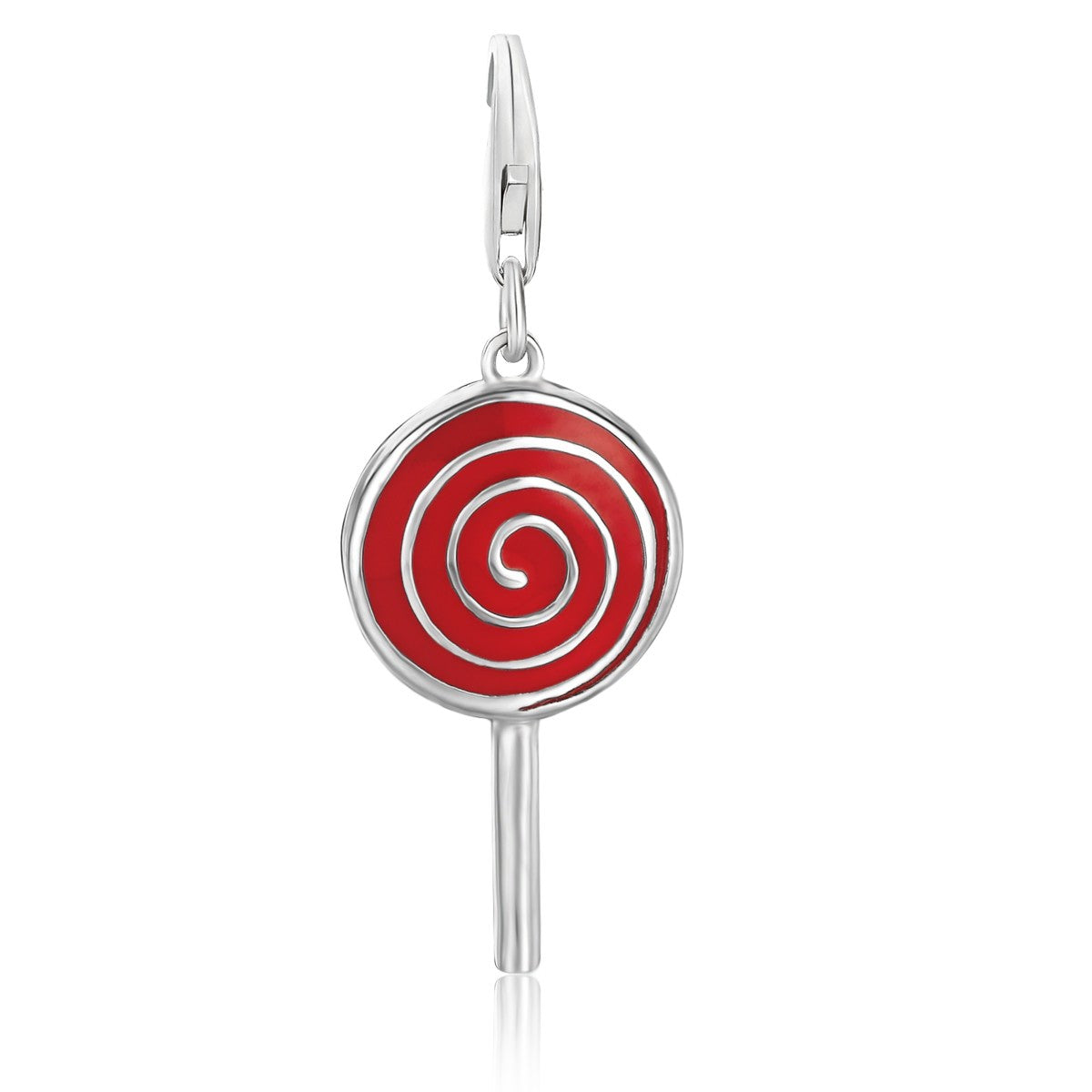 Sterling silver red enameled lollipop charm with spiral detailing and a lobster clasp.