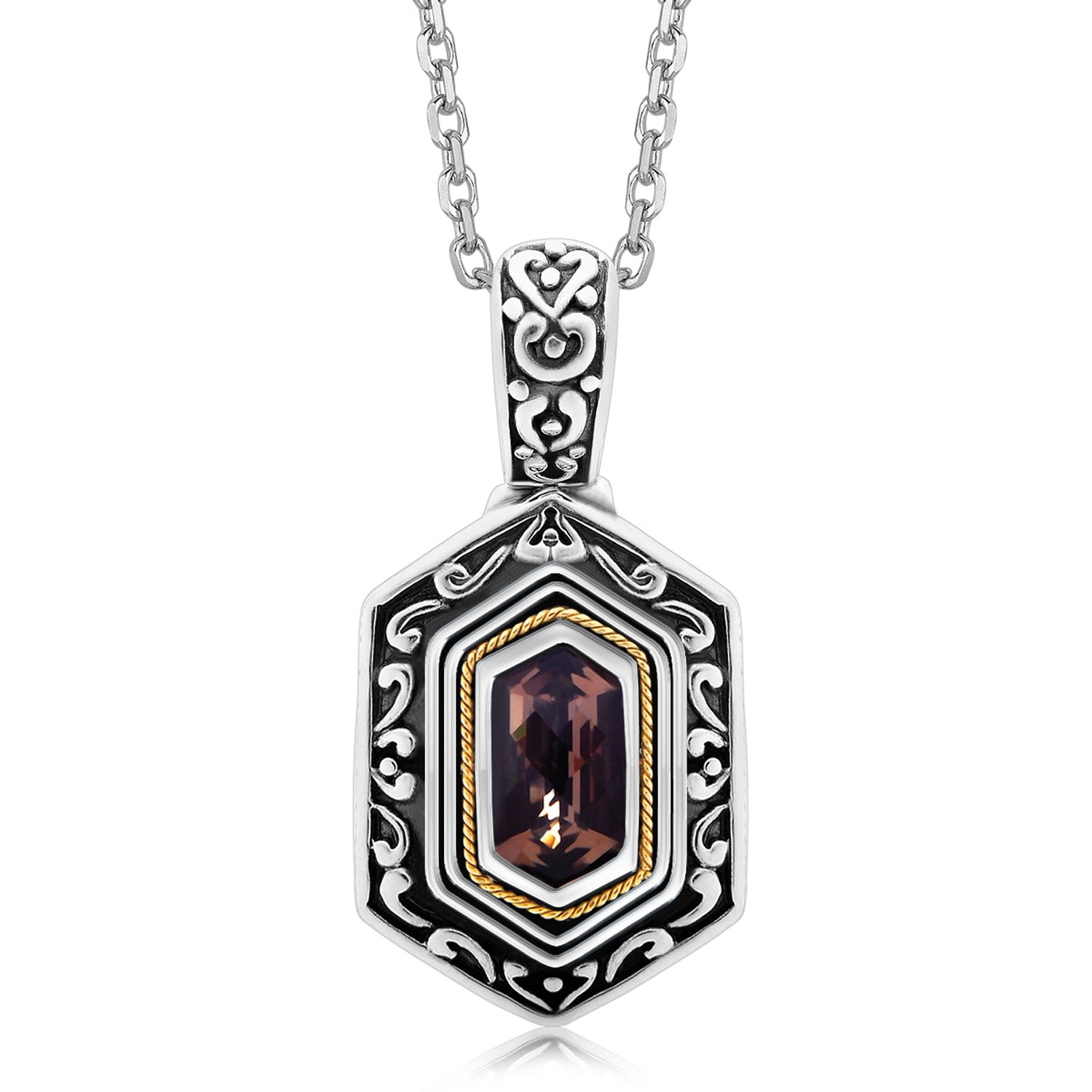 Antique style sterling silver pendant with a hexagonal smoky quartz and gold accents.
