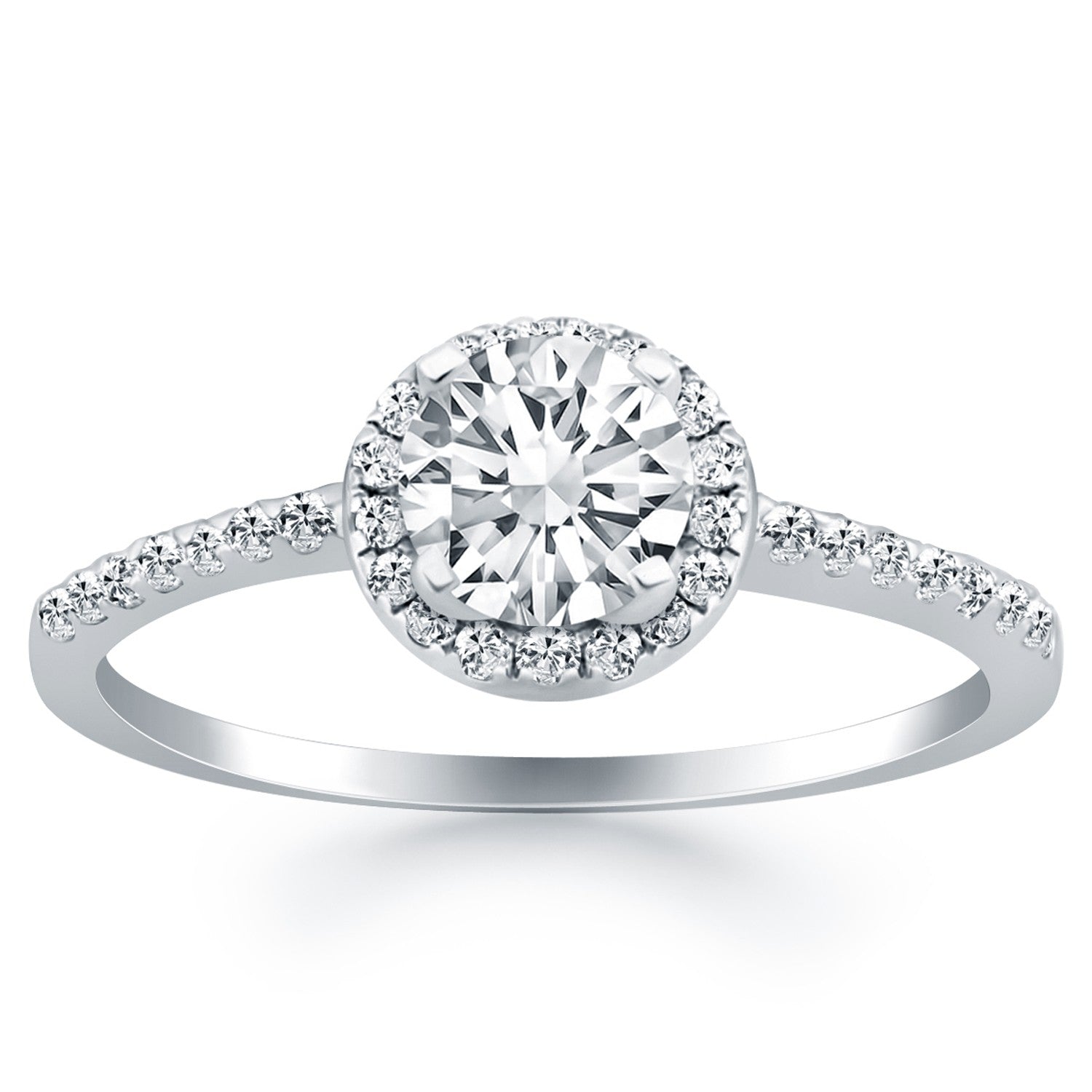 14k white gold diamond halo engagement ring with a round center stone.