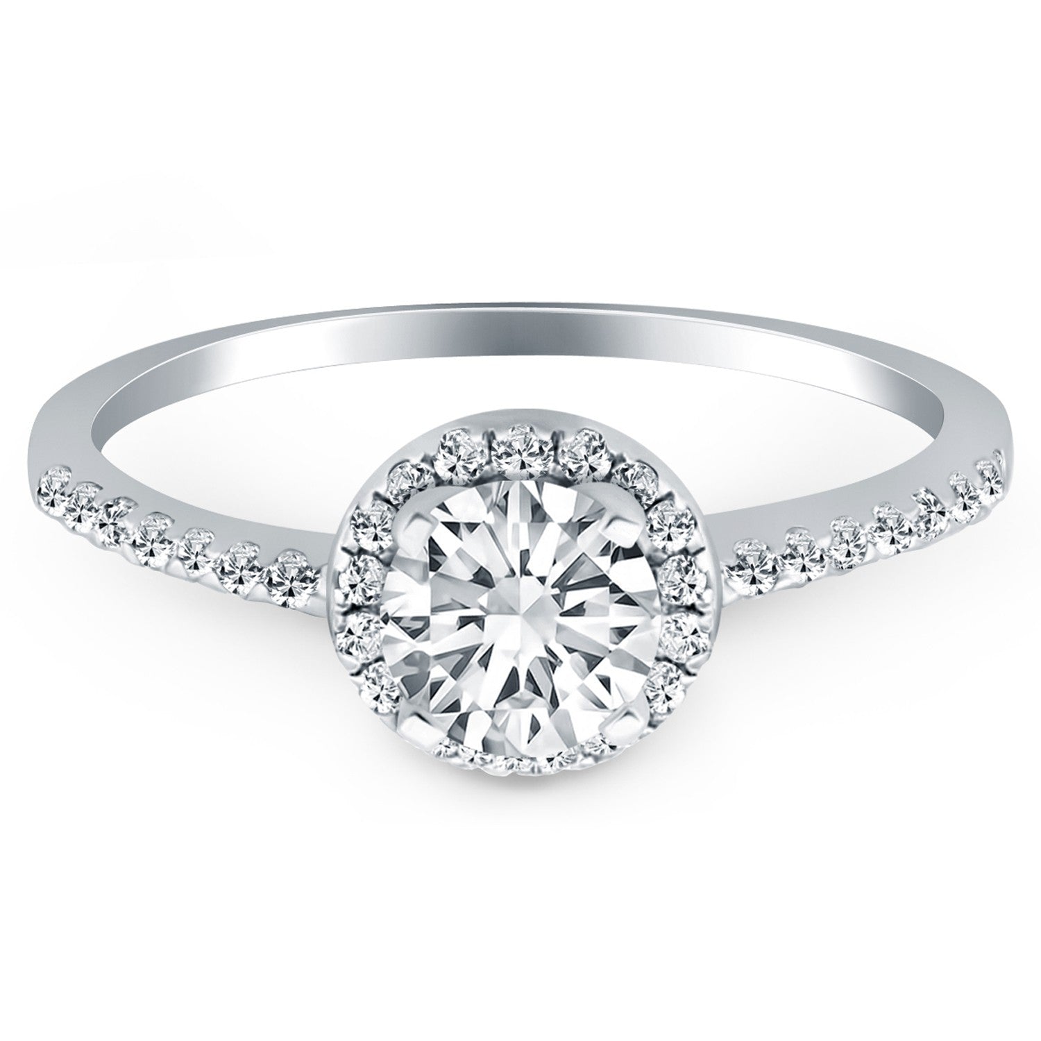 14k white gold diamond halo engagement ring with a round center stone.