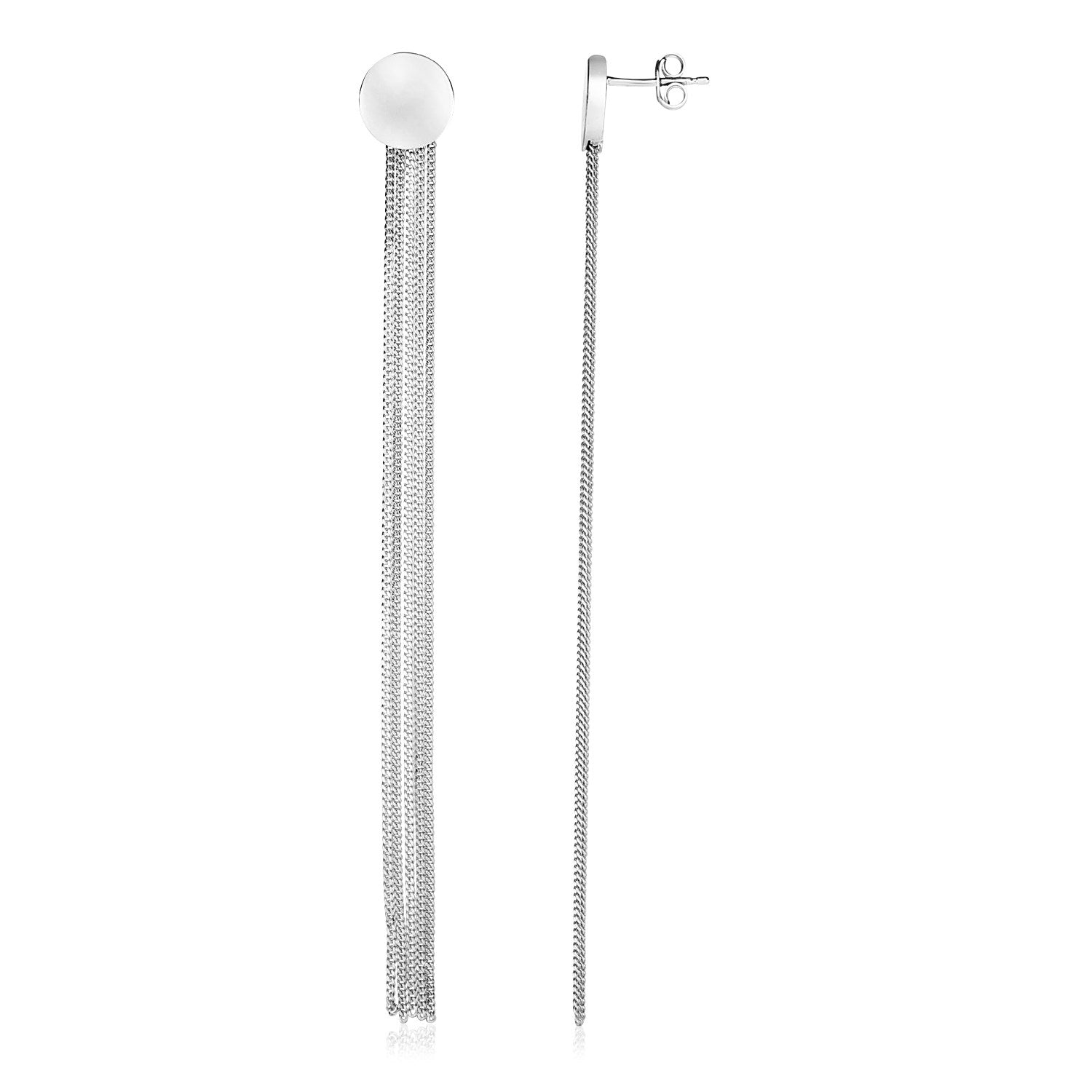 Sterling silver long chain tassel earrings with a polished circular stud and push-back clasps.