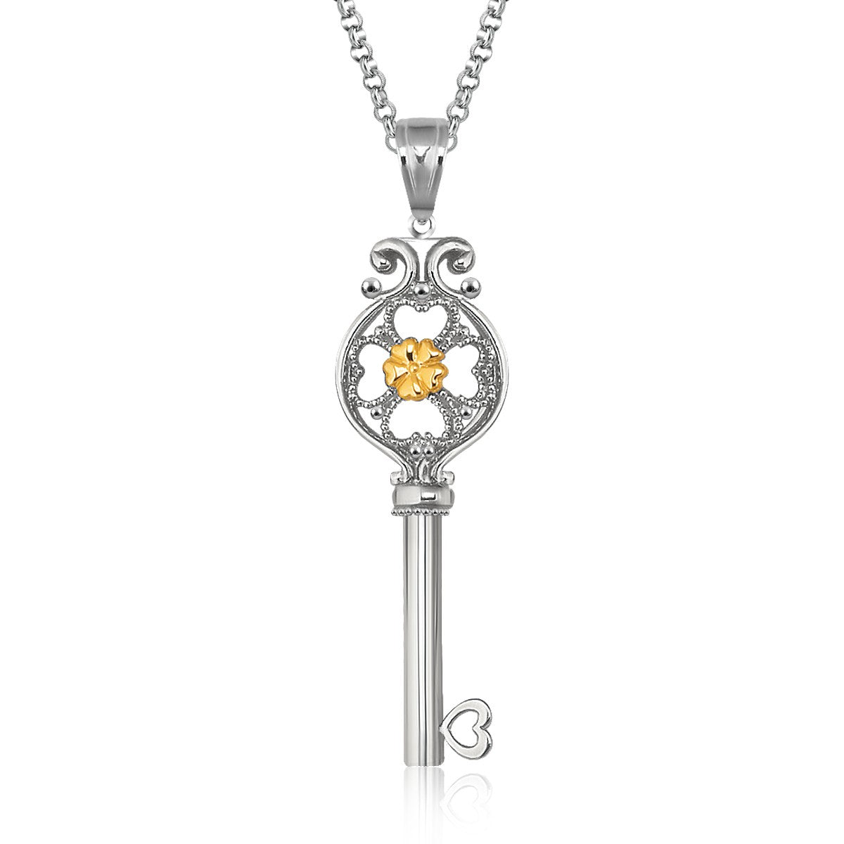 Sterling silver key pendant with a gold floral accent on an 18-inch chain.