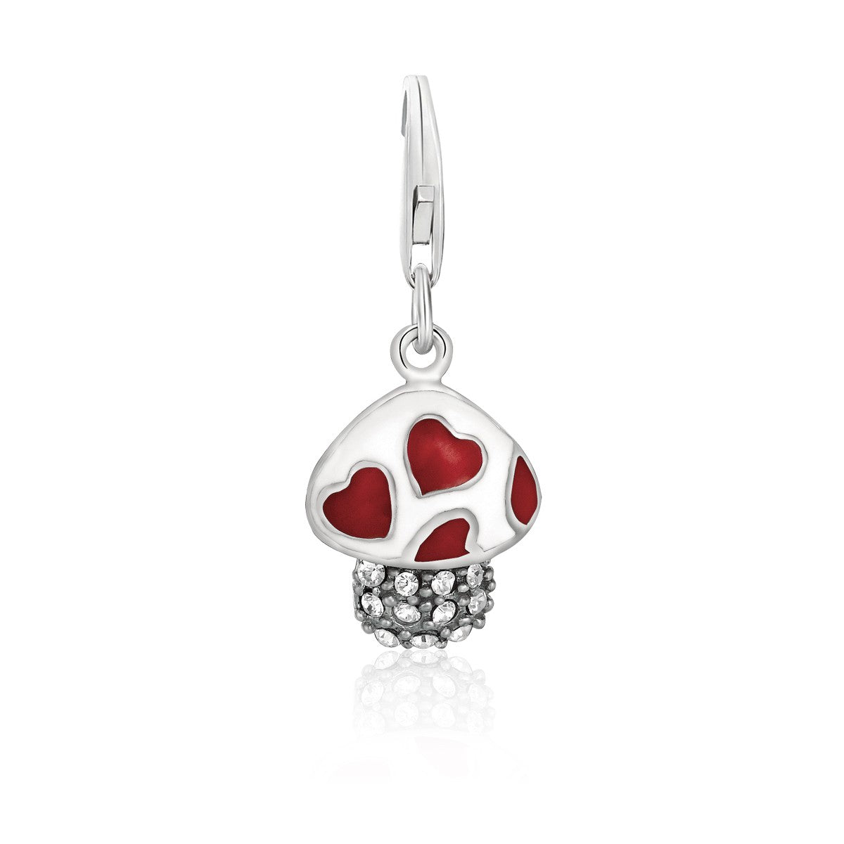 Sterling silver mushroom charm with red enamel hearts and crystal accents.
