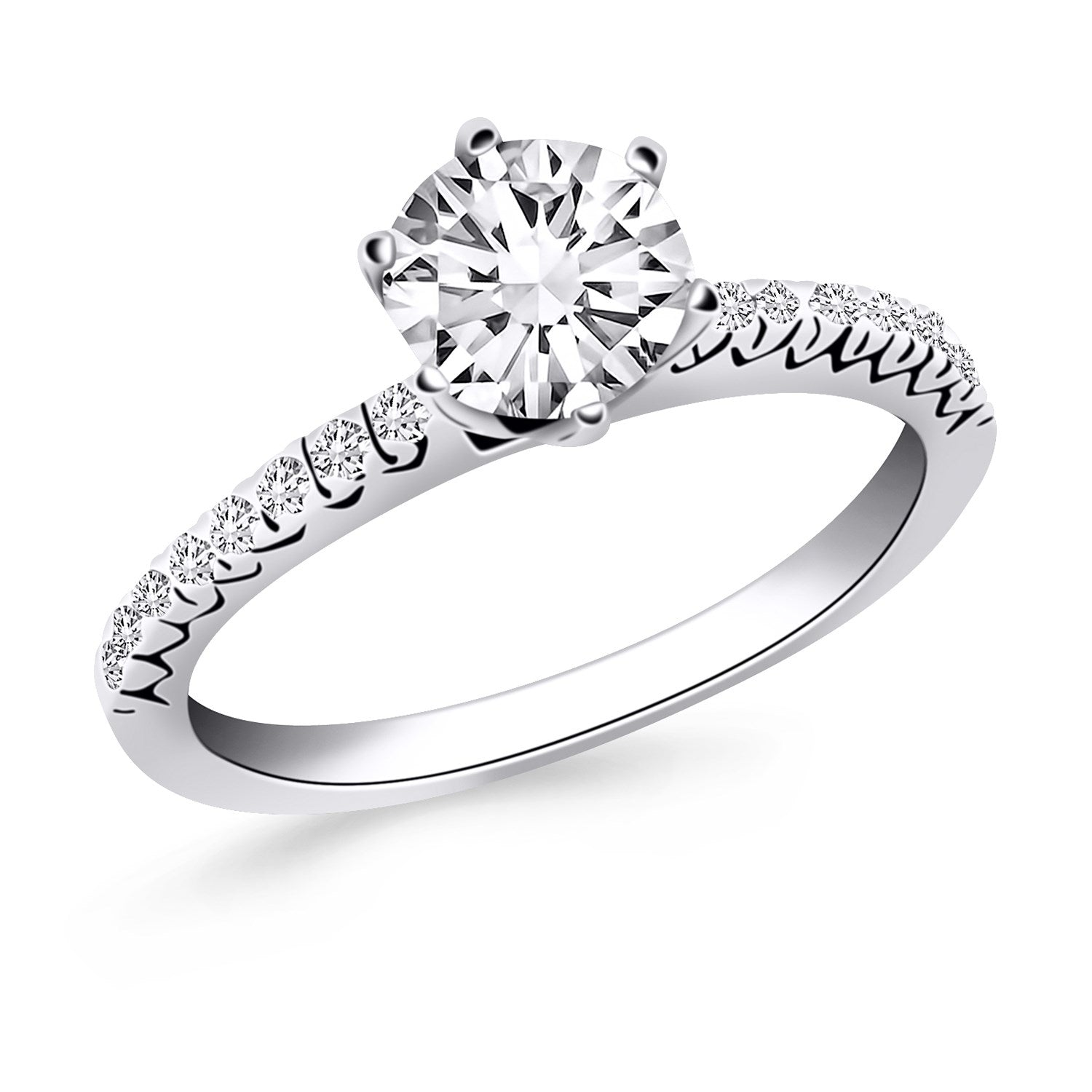 14k white gold engagement ring with a round diamond and fishtail pave accents.