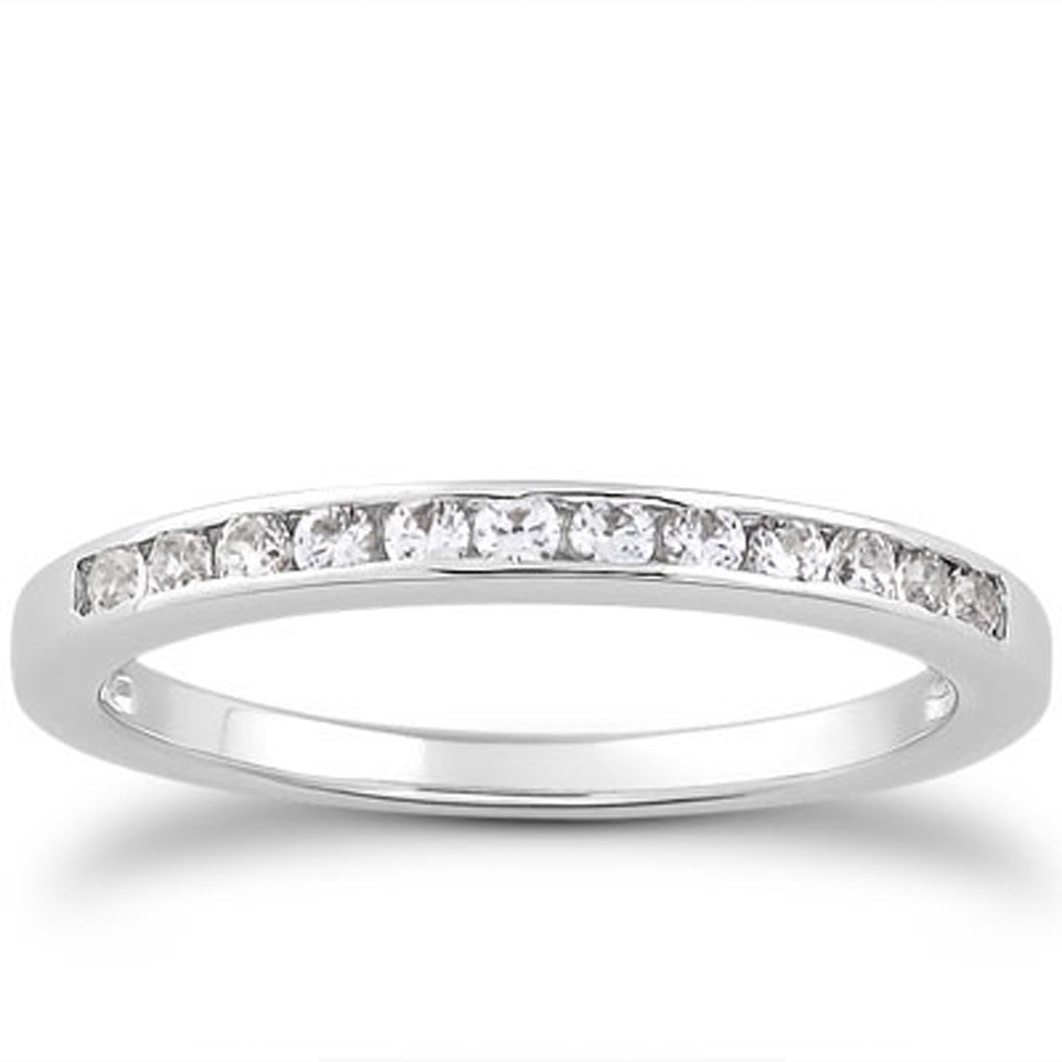 14k white gold channel set diamond wedding band with 12 round diamonds.