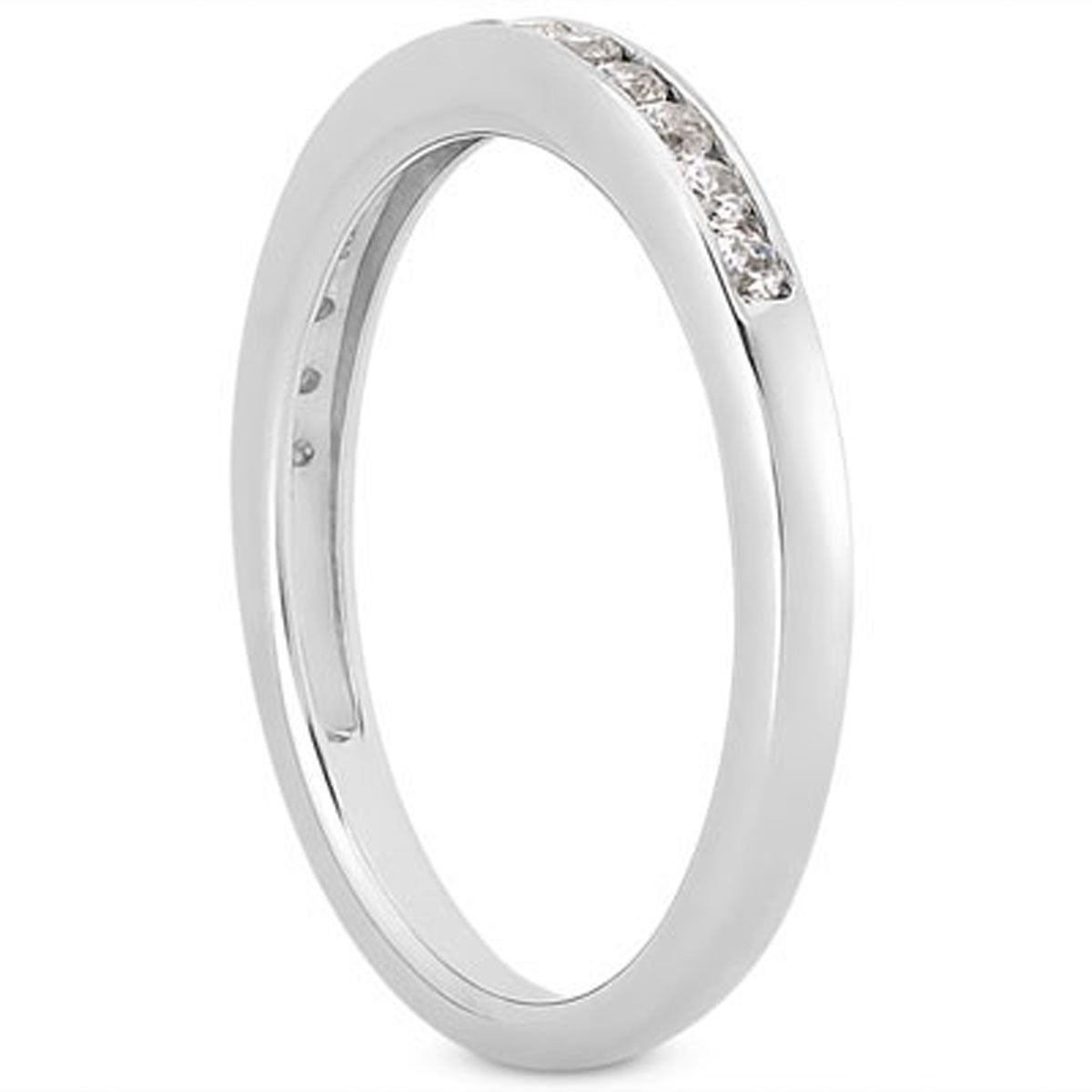 14k white gold channel set diamond wedding ring band with 12 round diamonds.