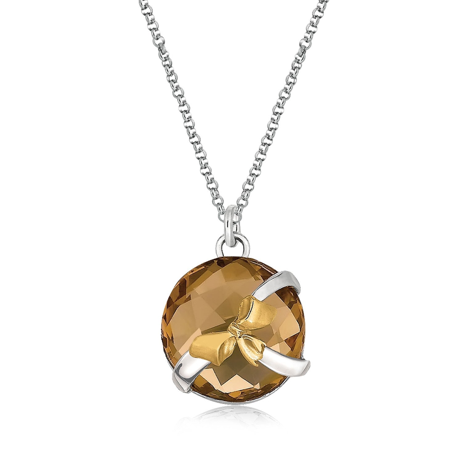 Round whiskey quartz pendant with an 18K yellow gold bow and sterling silver ribbons.