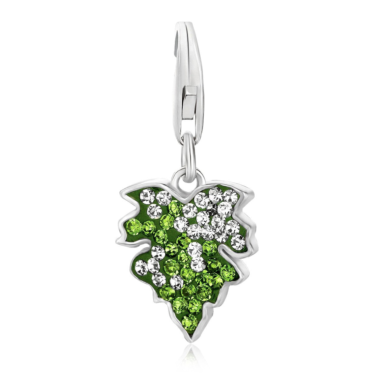 Sterling silver leaf charm with green and white crystal embellishments.