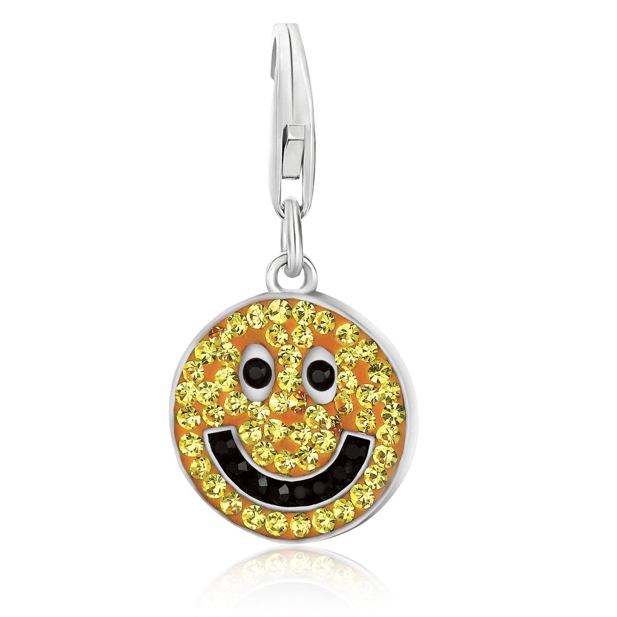 Sterling silver smiley face charm with yellow and black crystal accents.