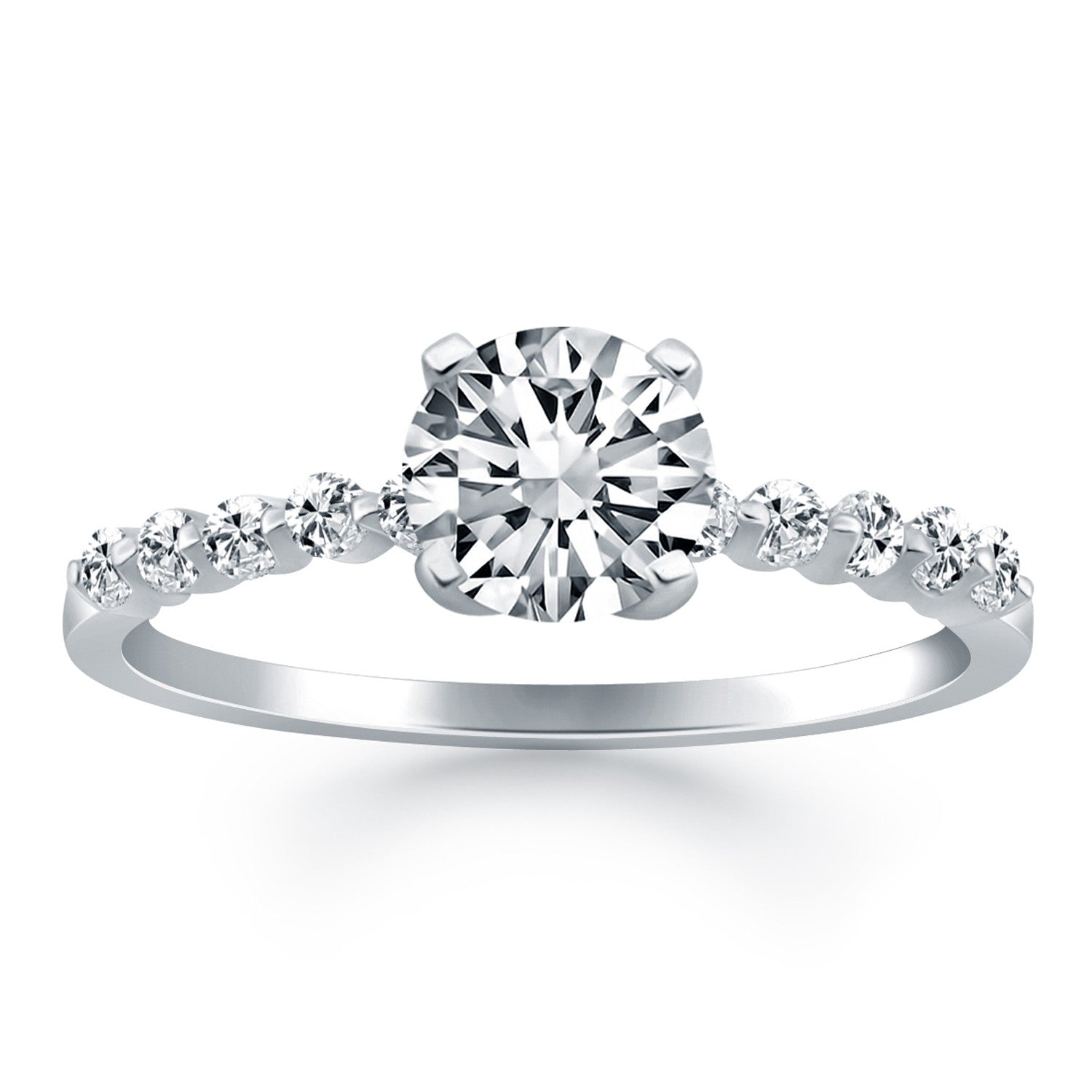 14k white gold engagement ring with a round diamond center and shared prong accents.