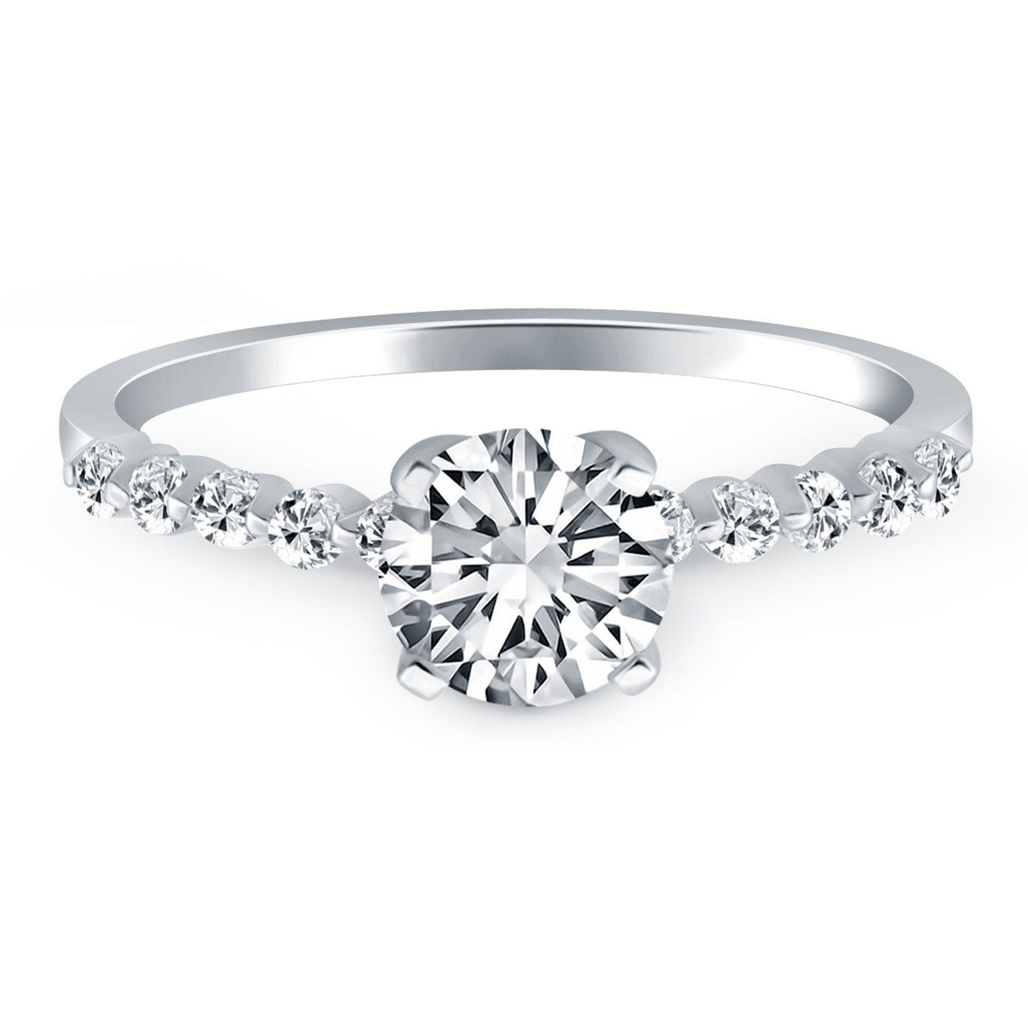 14k white gold diamond engagement ring with a round center diamond and shared prong accents.