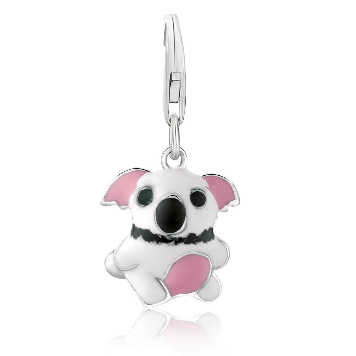 Sterling silver koala bear charm with black and pink enamel detailing.