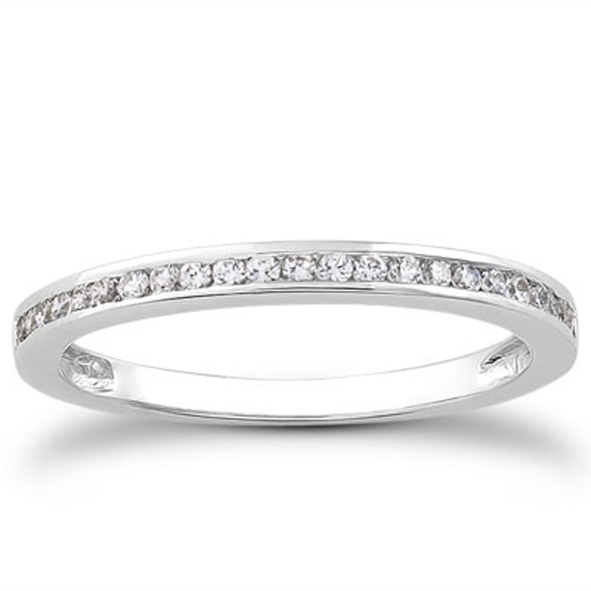 14k white gold channel set diamond wedding band with diamonds halfway around.