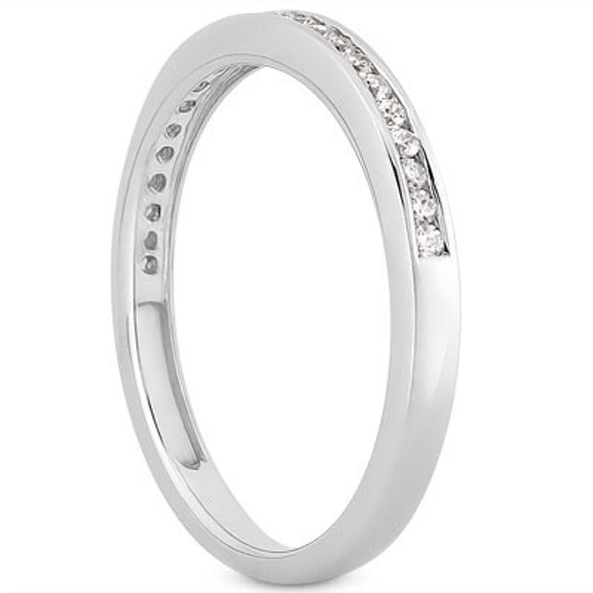 14k white gold channel set diamond wedding band with diamonds halfway around.