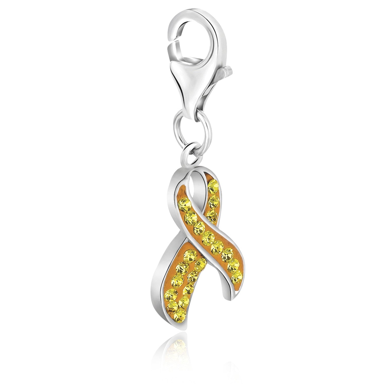 Sterling silver troop ribbon charm encrusted with yellow crystals.