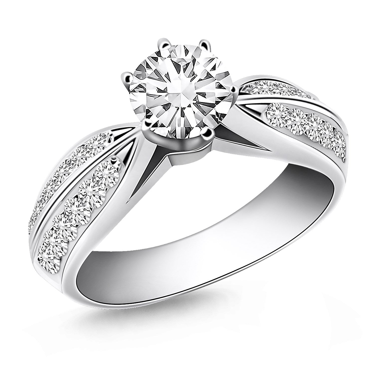14k white gold cathedral engagement ring with a round diamond and pave diamonds.