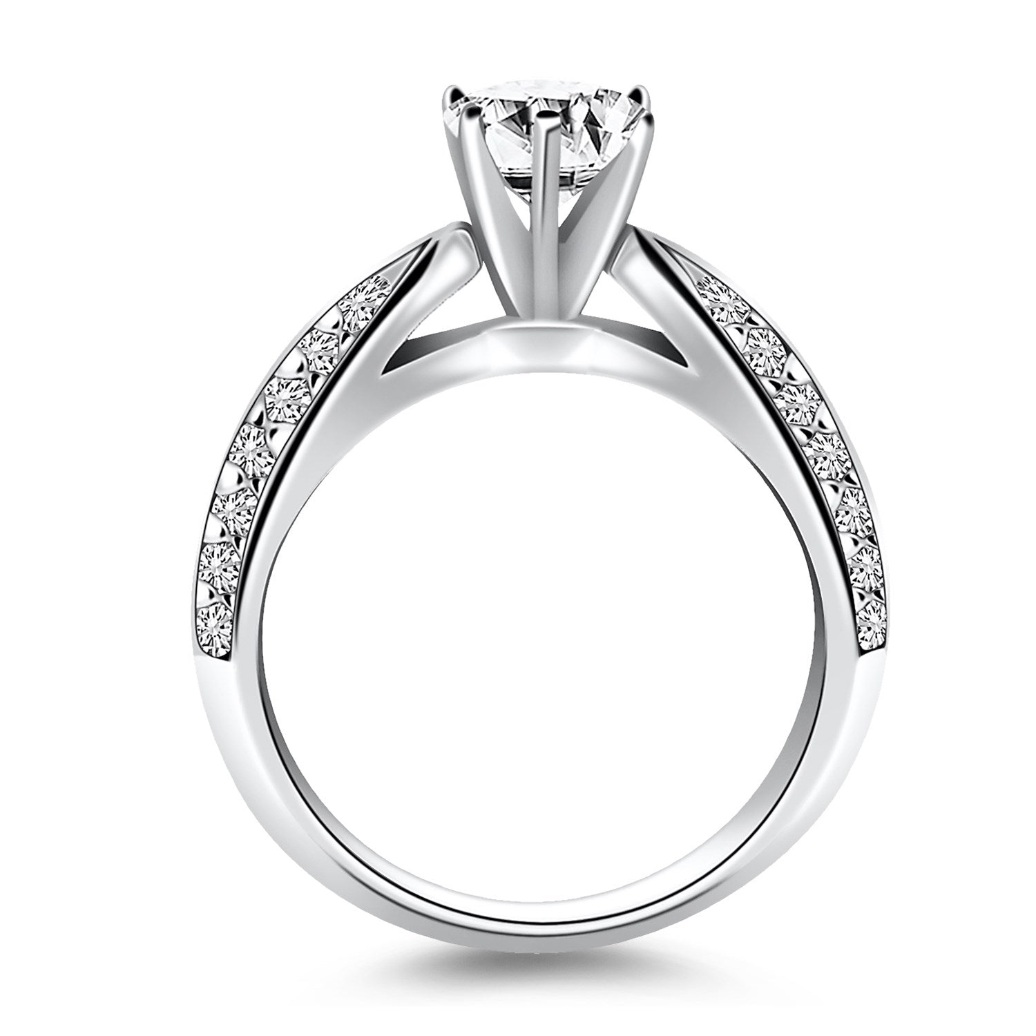 14k white gold cathedral engagement ring with a round diamond and double row pave.