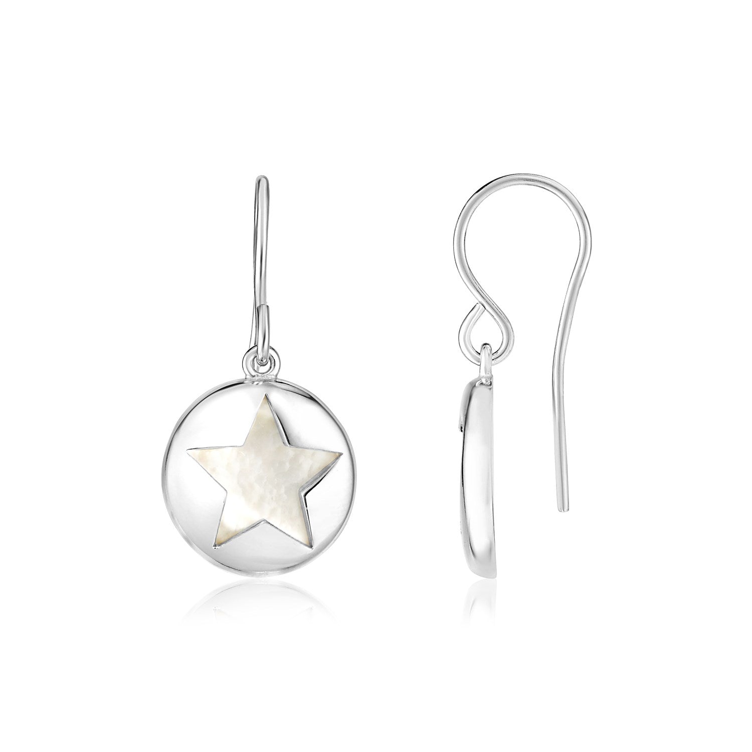 Sterling silver star cutout earrings with mother of pearl, hanging from Euro wires.