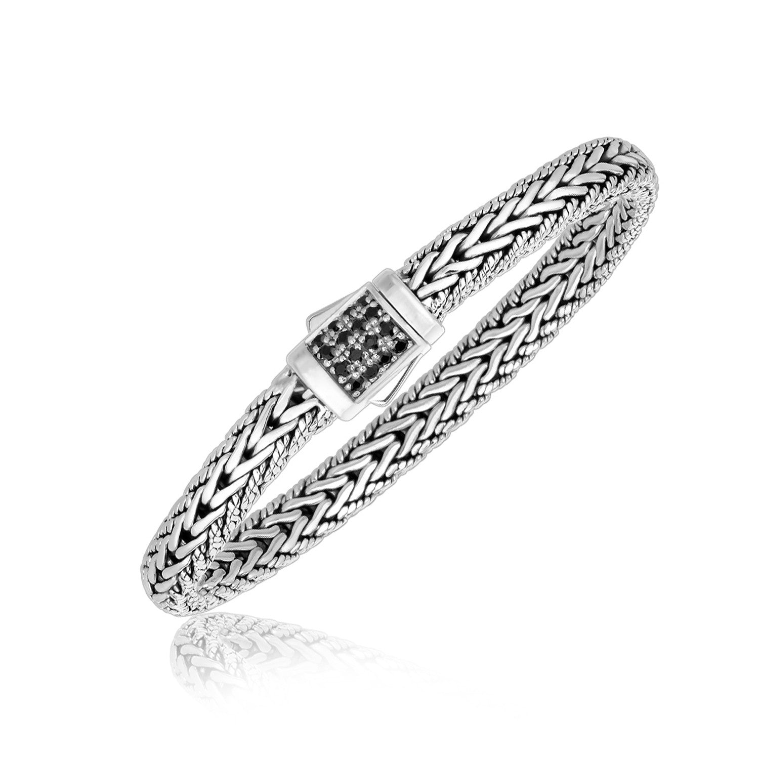 Sterling silver braided bracelet with black sapphire accents on the clasp.