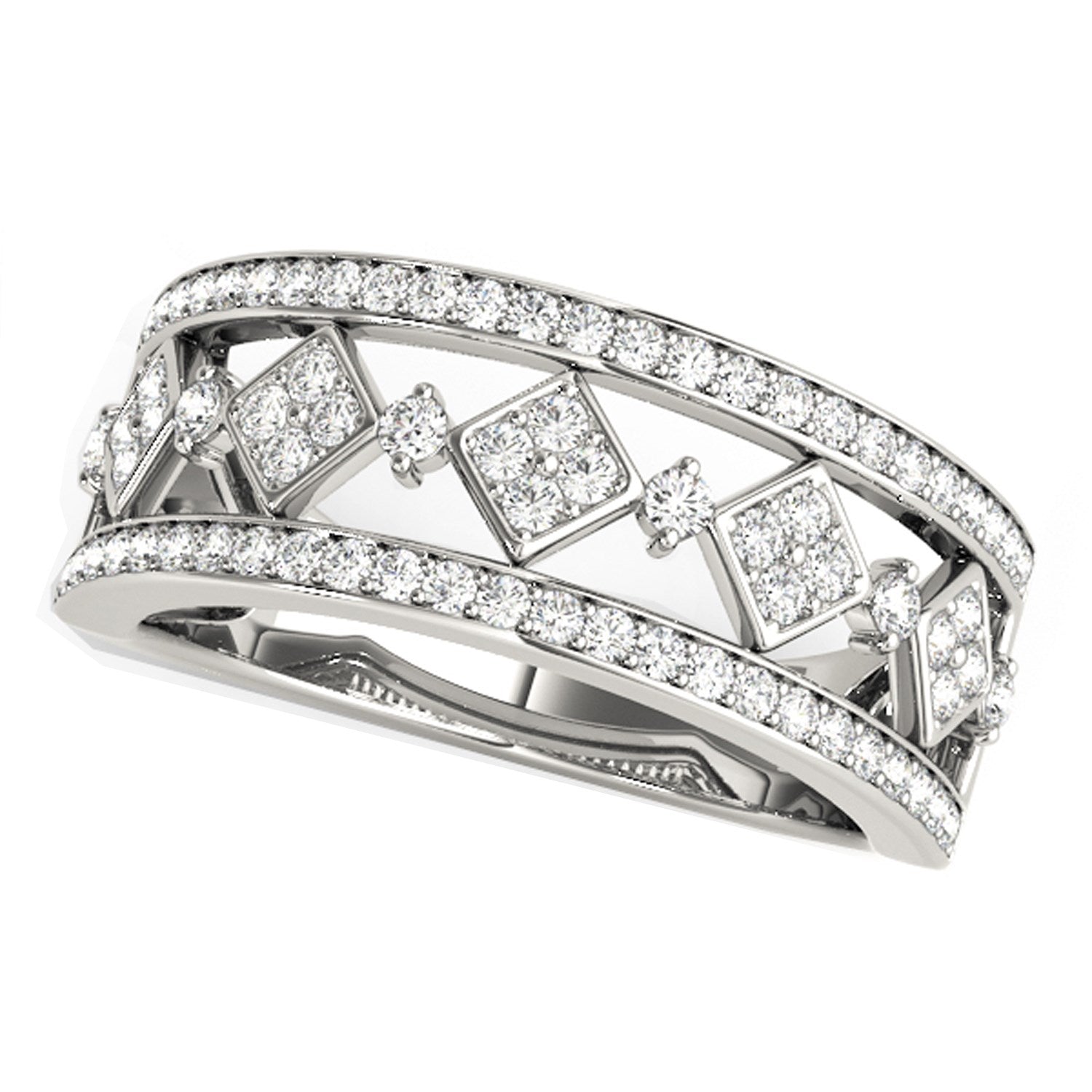 Diamond studded square motif ring in 14k white gold.