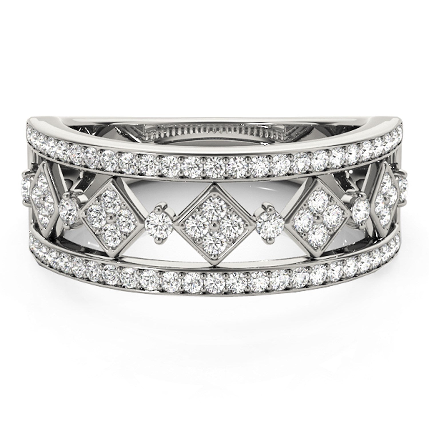 Diamond studded square motif ring in 14k white gold.