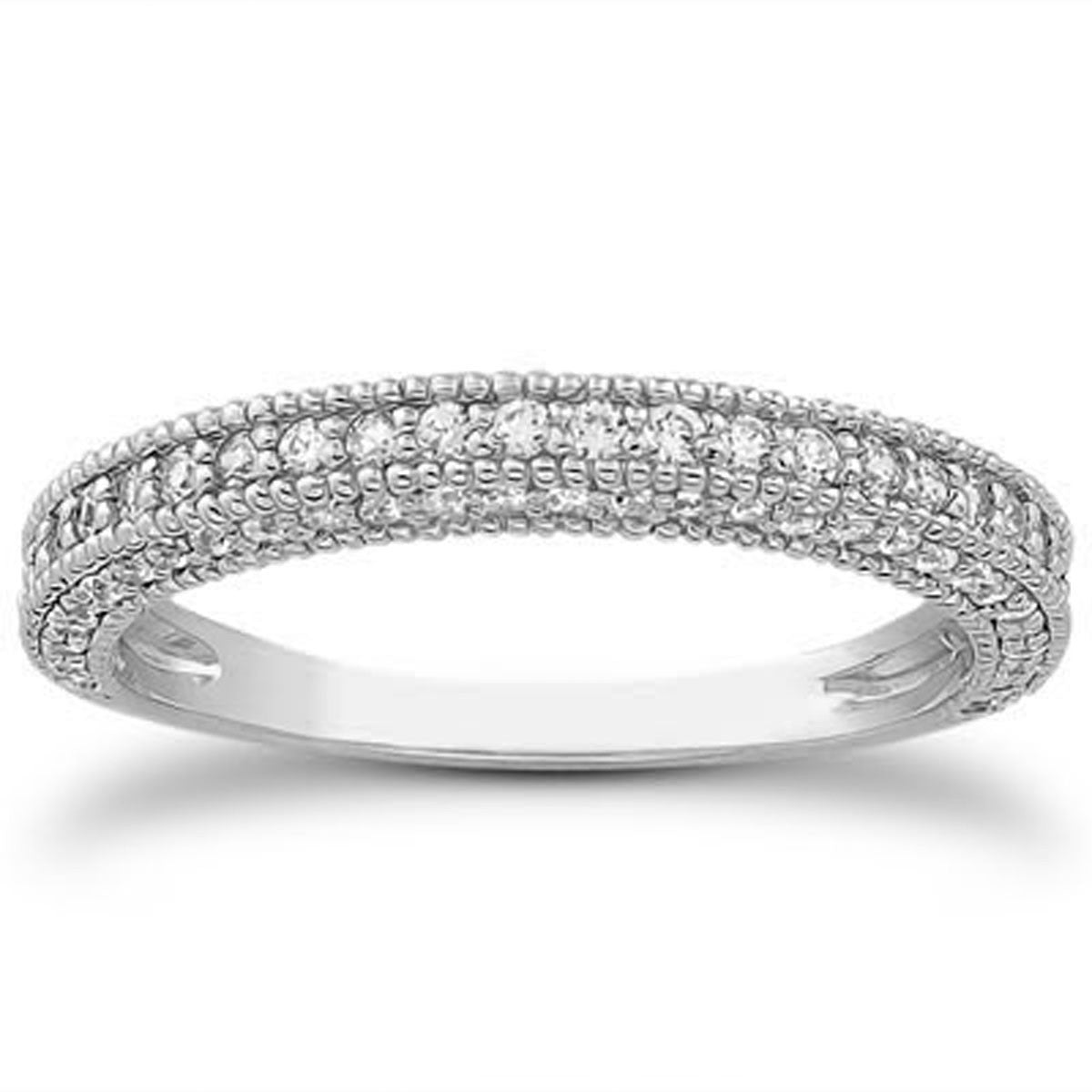14k white gold wedding band with pave diamonds and milgrain texture.