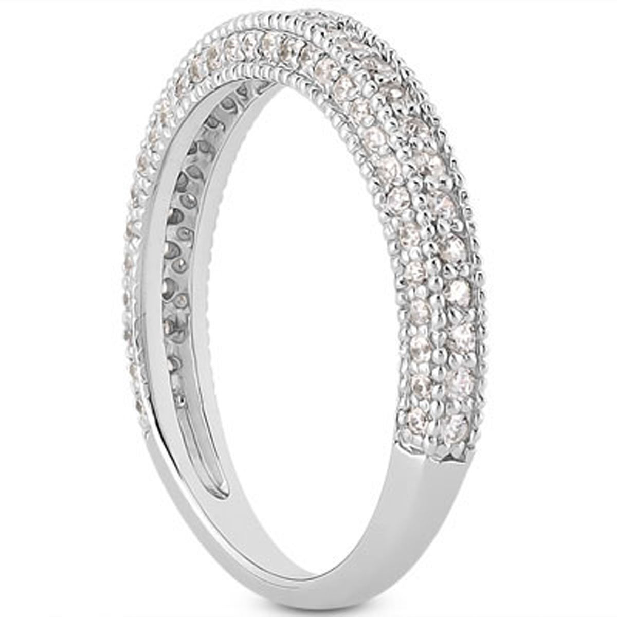 14k white gold wedding band with three rows of pave diamonds and milgrain texture.