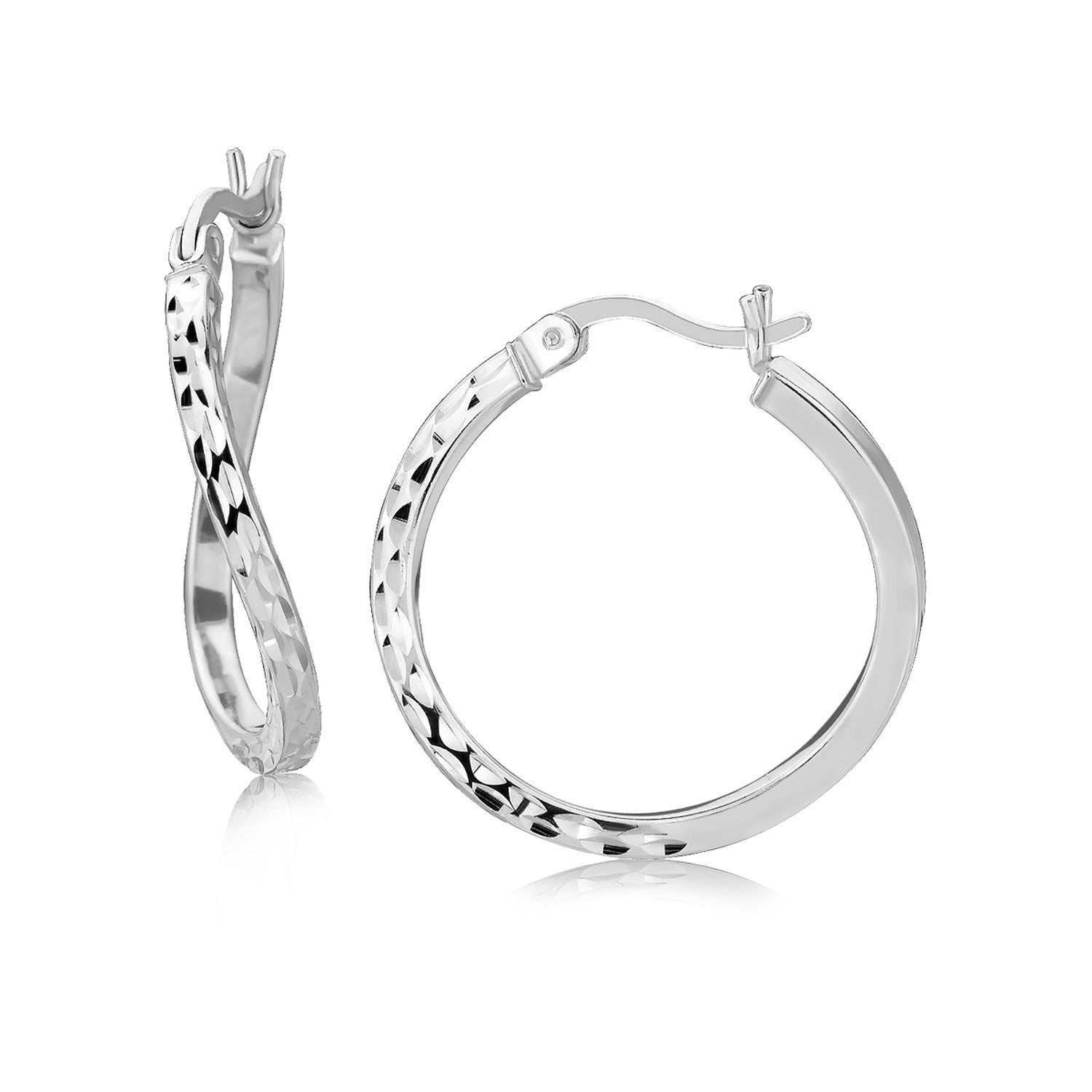 Sterling silver rhodium-plated twist-style hoop diamond-cut earrings with snap locks.