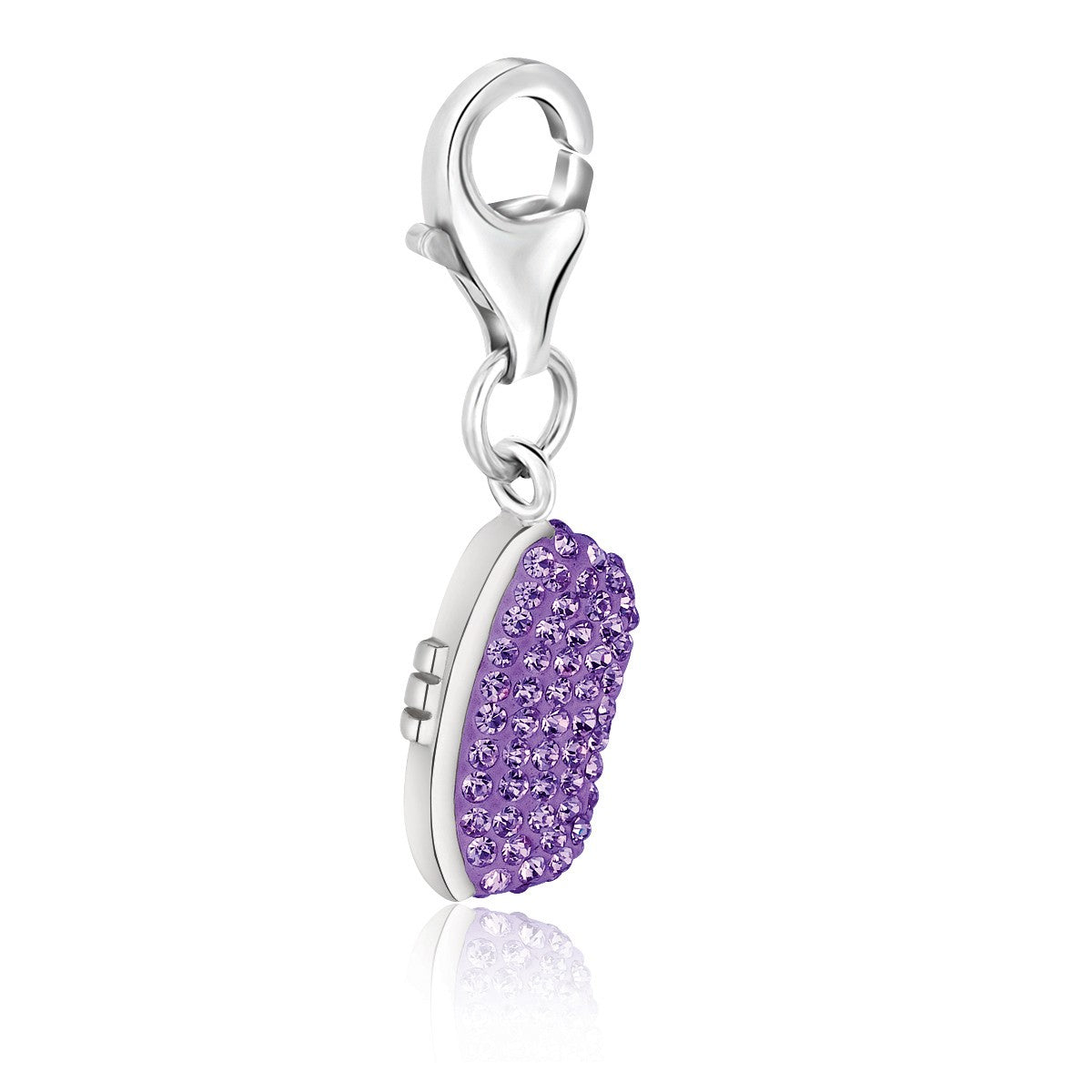 Sterling silver handbag charm with lavender tone crystal embellishments and a lobster clasp.