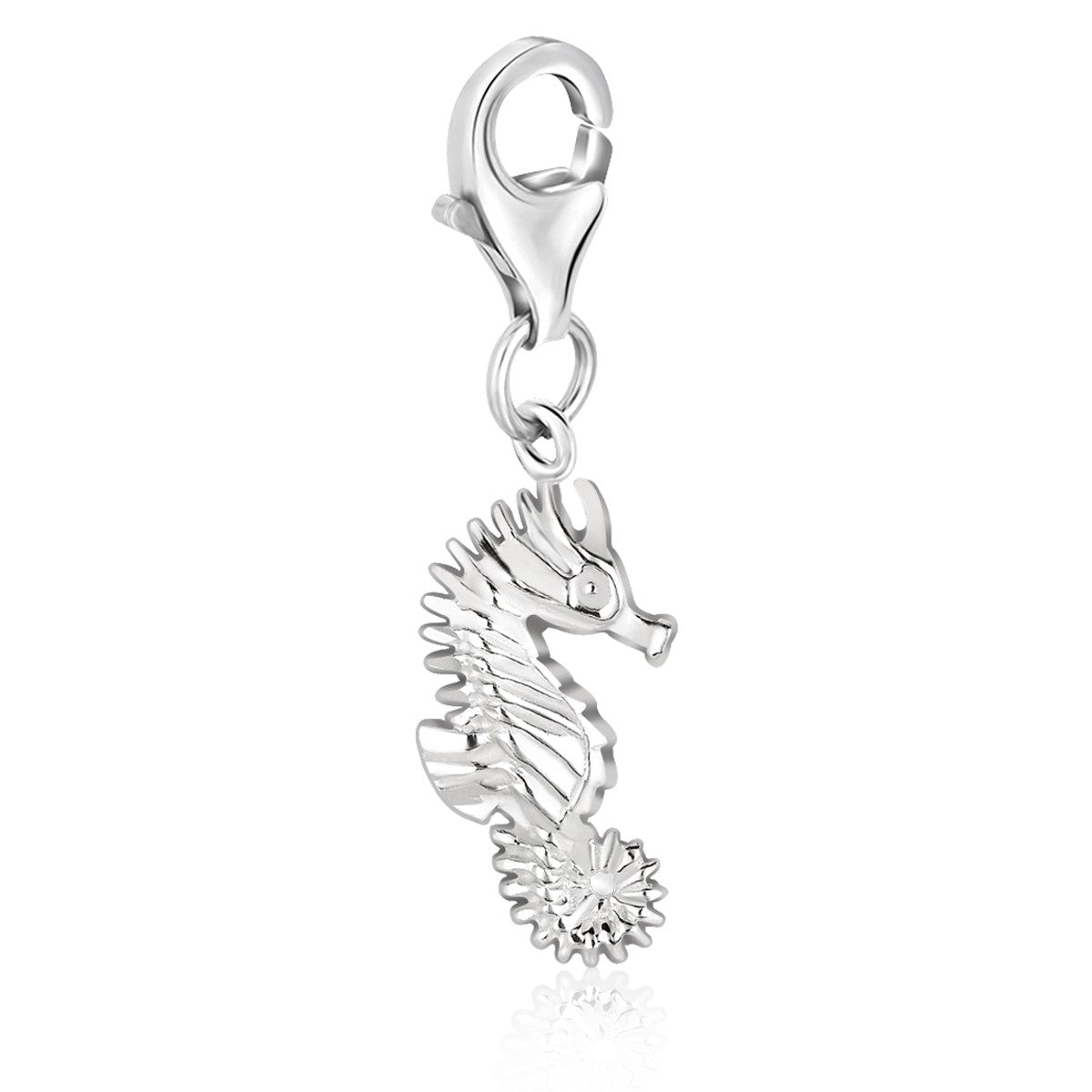 Sterling silver seahorse charm with a lobster clasp.