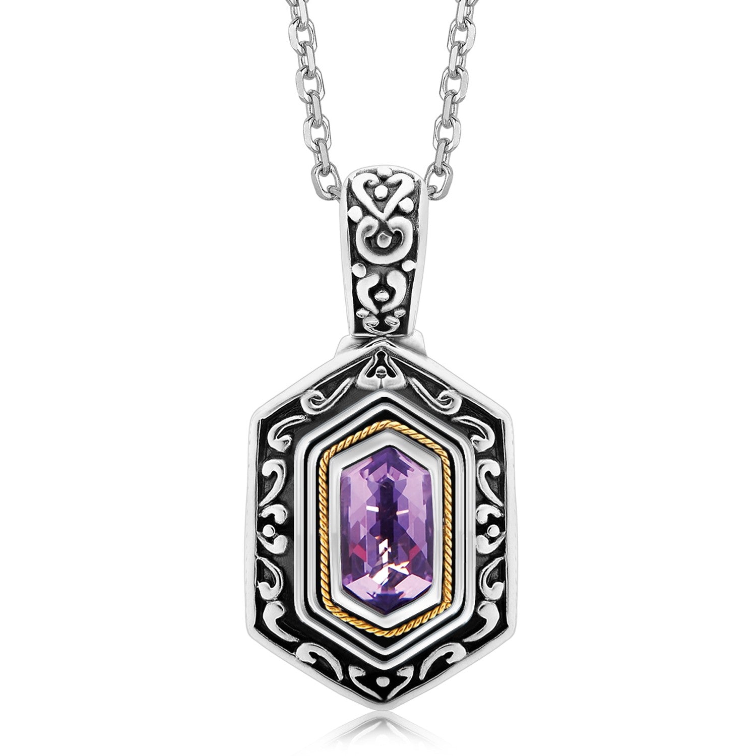 Antique-inspired sterling silver hexagon pendant with an amethyst and 18K yellow gold accents.