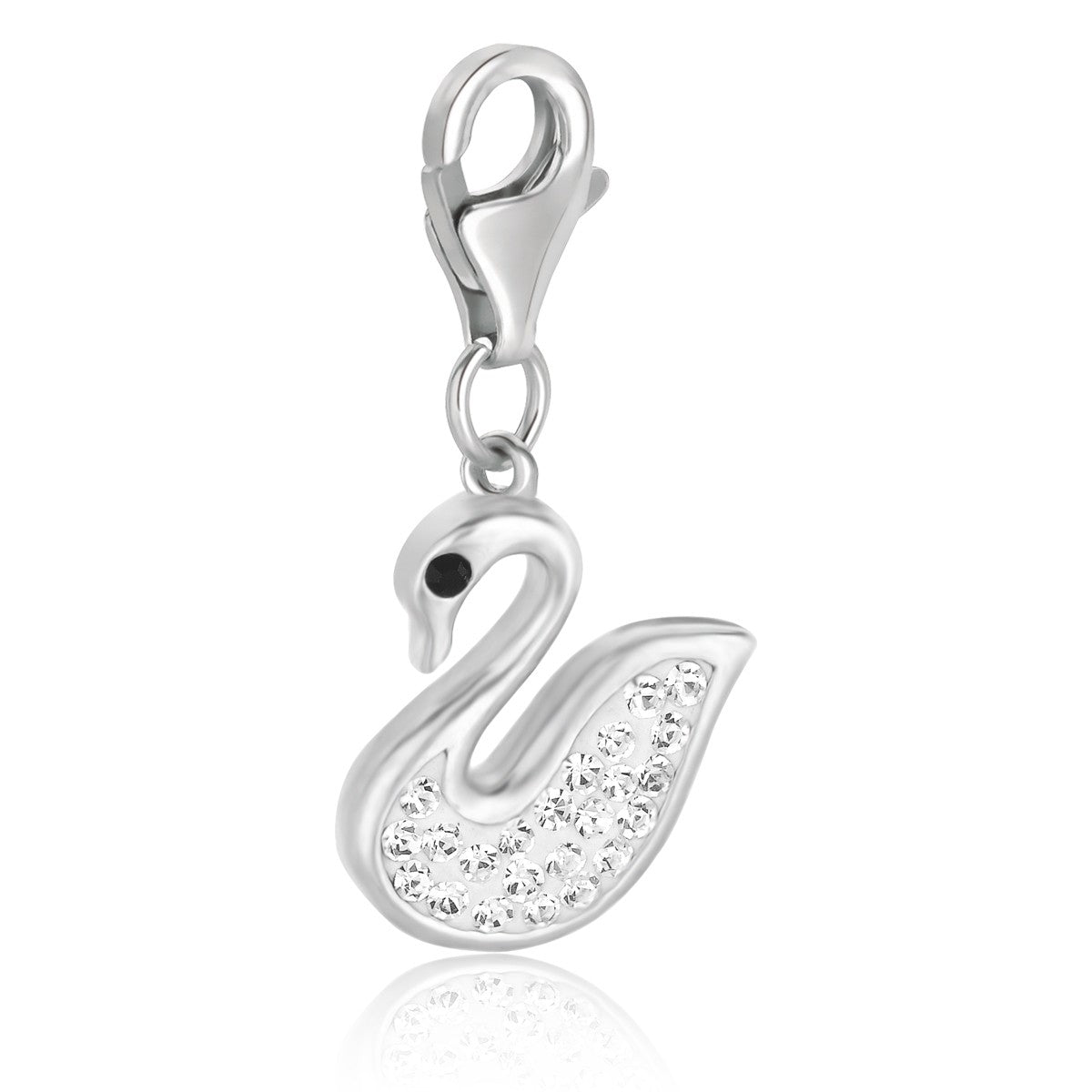 Sterling silver swan charm with white crystal accents and a lobster clasp.