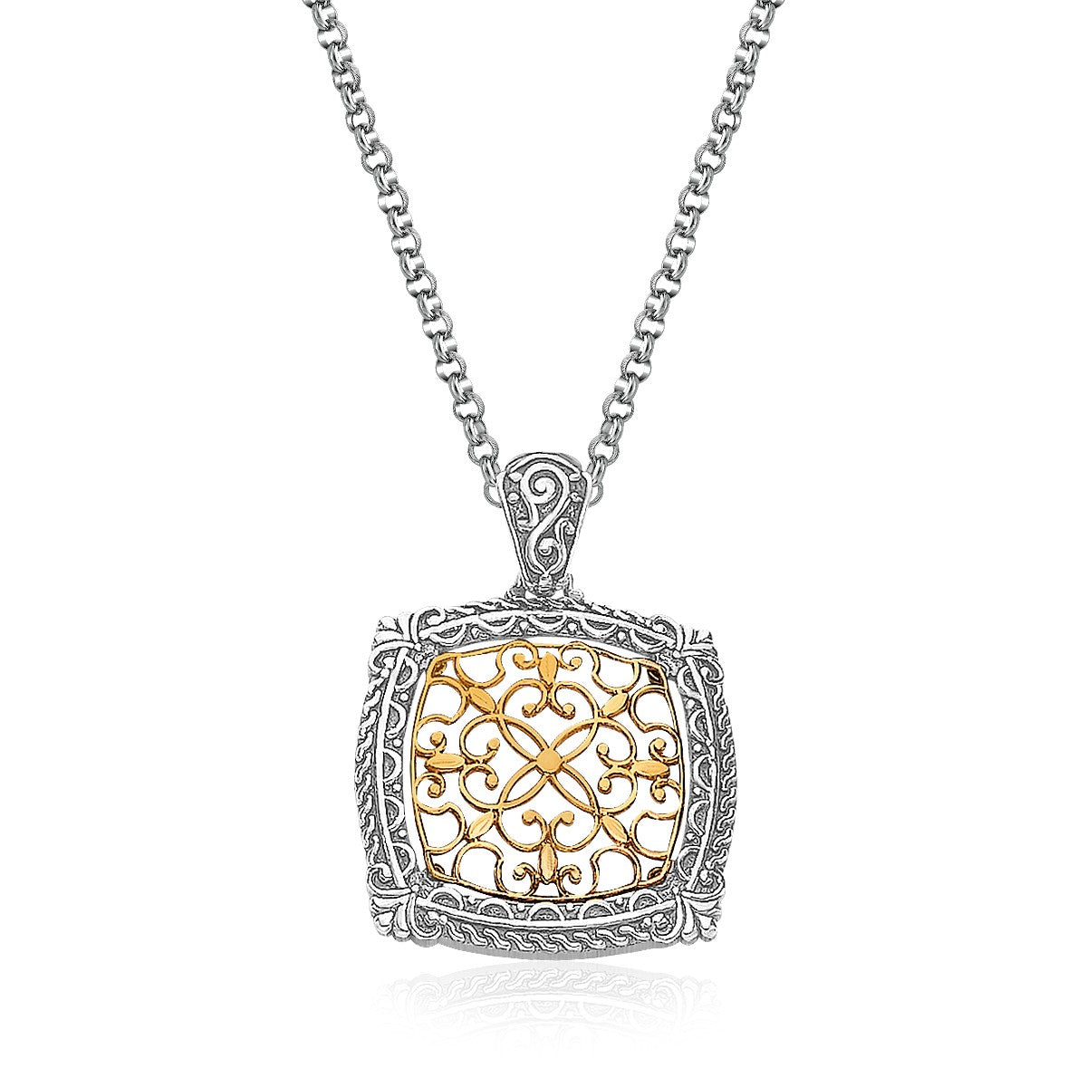 14K yellow gold and sterling silver antique-inspired necklace with a square filigree pendant.