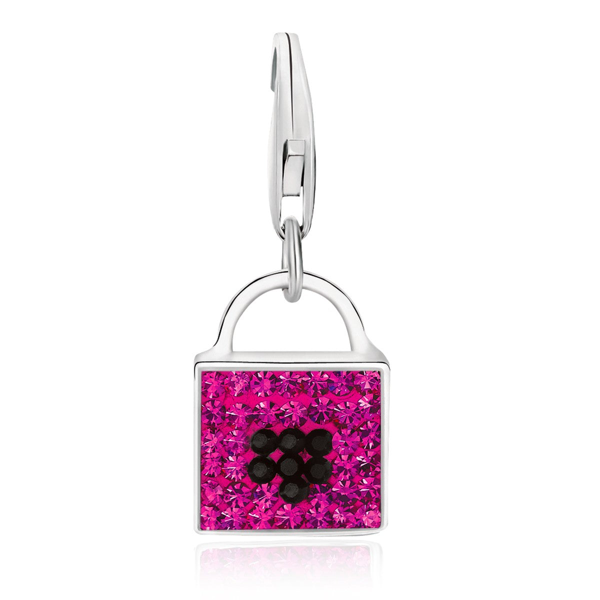 Sterling silver handbag charm with magenta and black crystal accents.