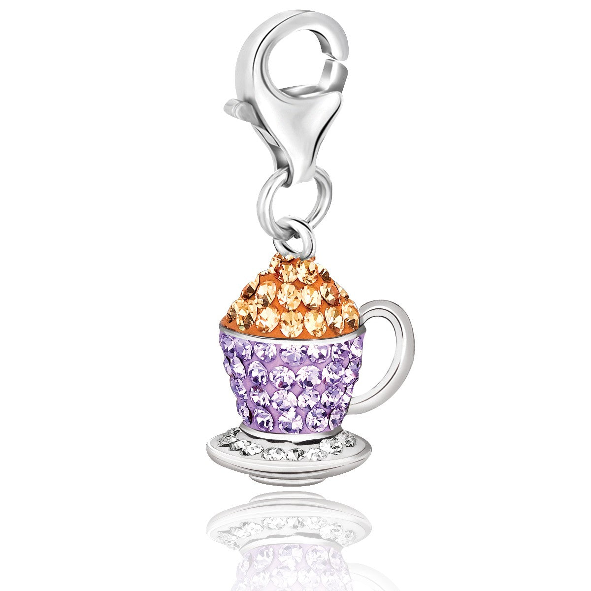 Sterling silver tea cup charm with orange, lavender, and white crystals.