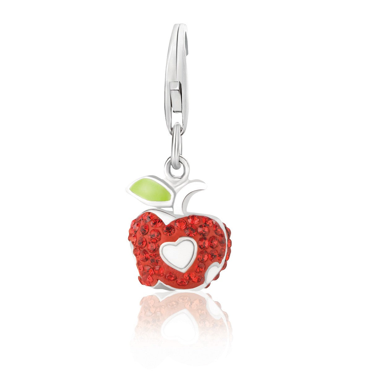 Sterling silver apple charm with red crystals, a white heart, and a green leaf.