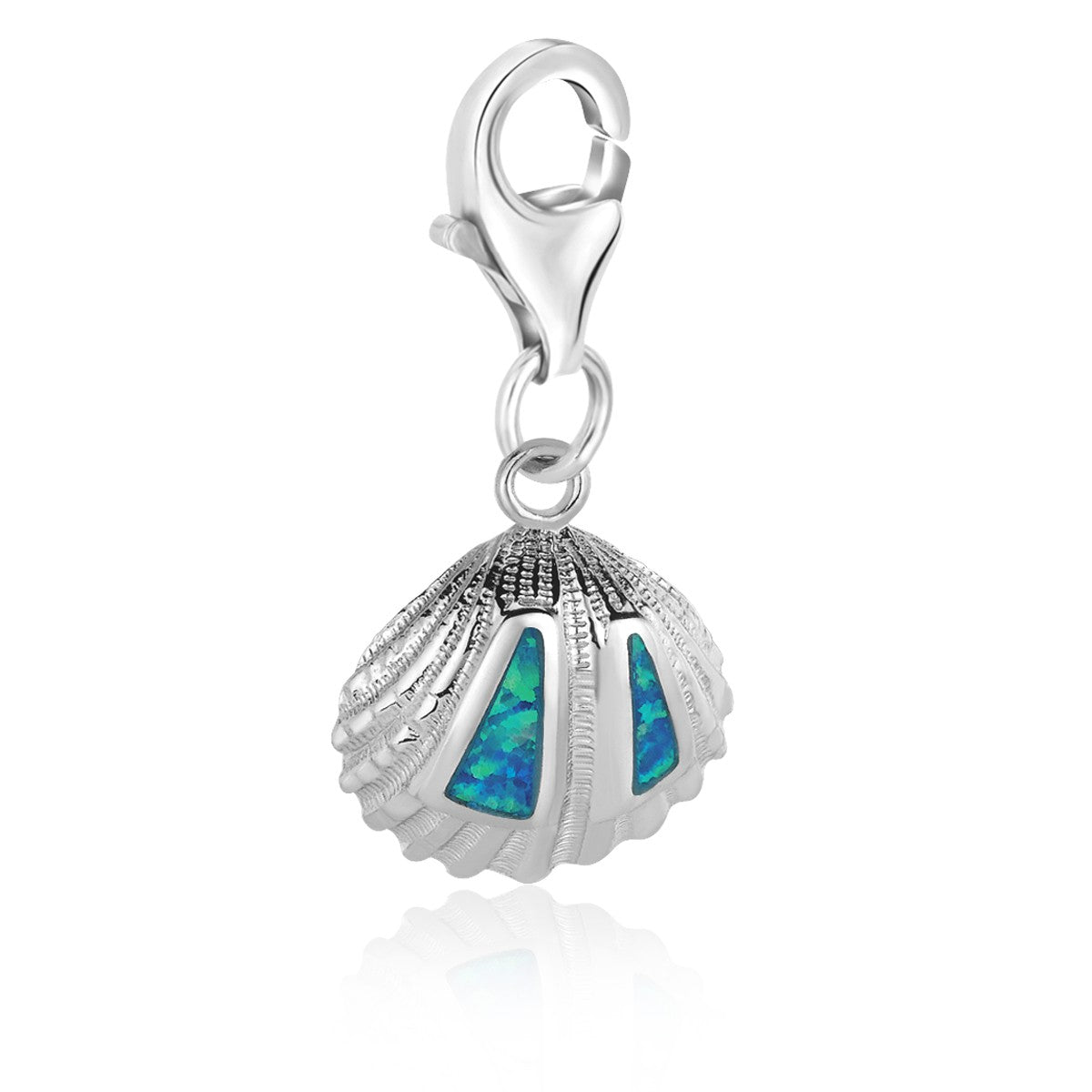 Sterling silver shell charm with blue opal accents and a lobster clasp.