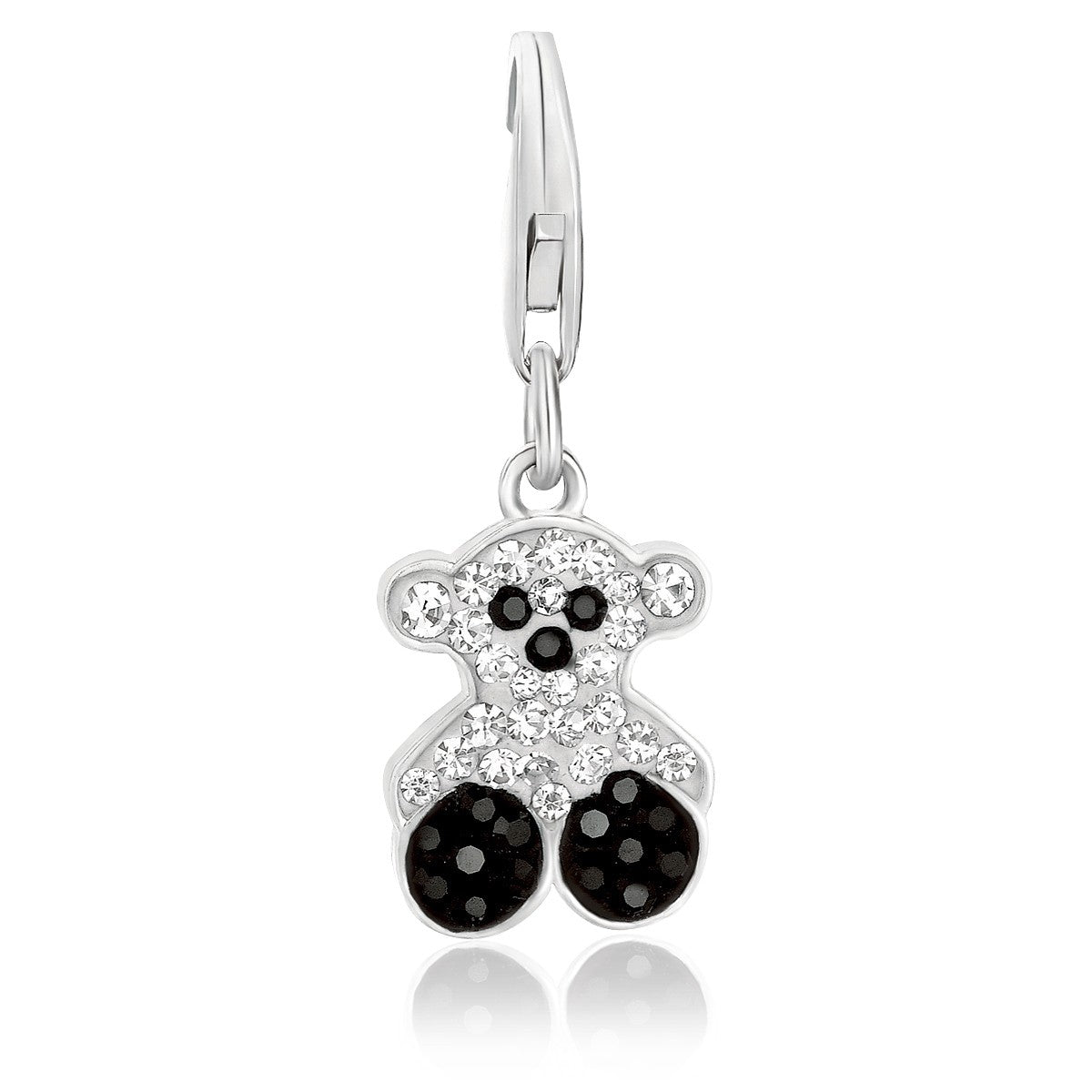 Sterling silver bear charm with white and black crystal accents and a lobster clasp.